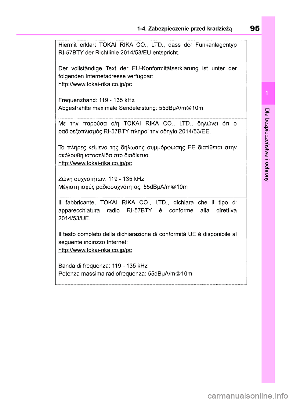 TOYOTA COROLLA HATCHBACK 2019 Instrukcja obsługi (in Polish) Dla bezpieczeƒstwa i ochrony
1-4. Zabezpieczenie przed kradzie˝à95
1
55 Corolla Wagon OM12L25E 28/1/19 16:16 Page 95 TOYOTA COROLLA HATCHBACK 2019 Instrukcja obsługi (in Polish) Dla bezpieczeƒstwa i ochrony
1-4. Zabezpieczenie przed kradzie˝à95
1
55 Corolla Wagon OM12L25E 28/1/19 16:16 Page 95