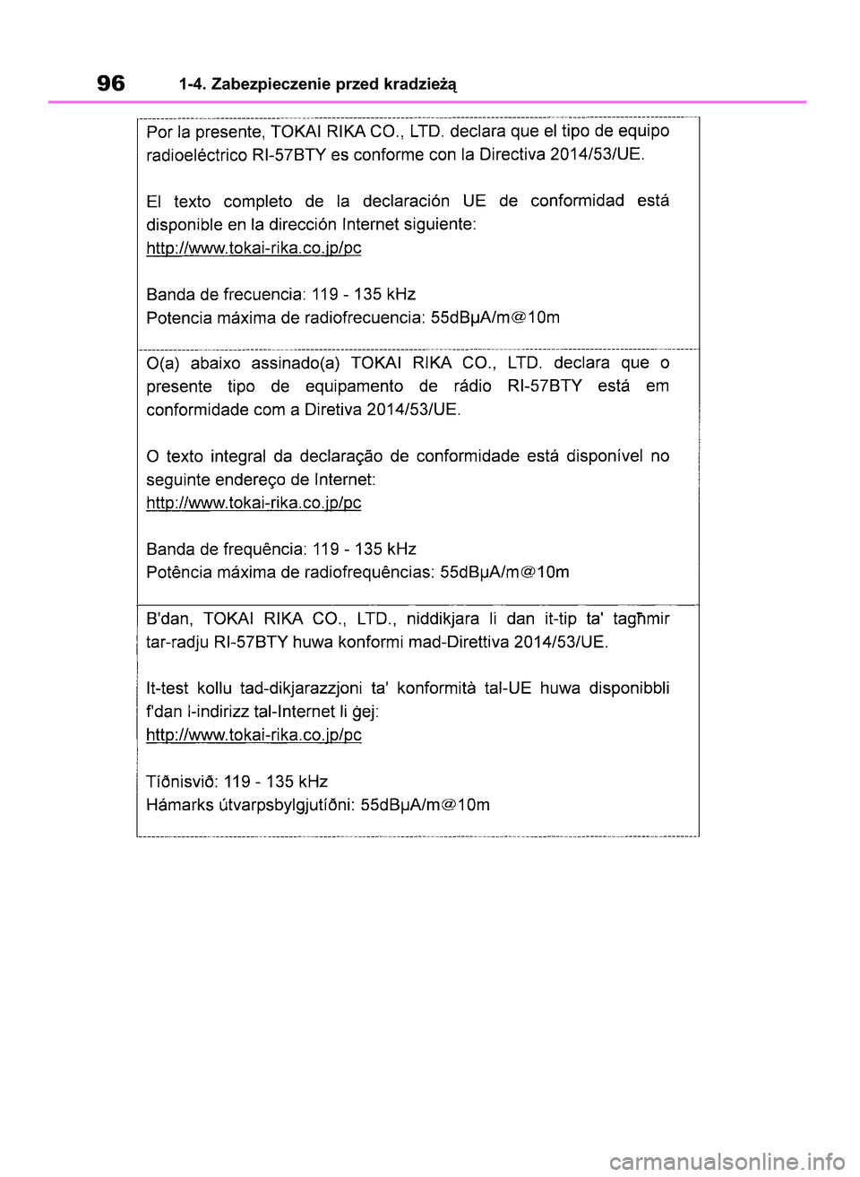 TOYOTA COROLLA HATCHBACK 2019 Instrukcja obsługi (in Polish) 961-4. Zabezpieczenie przed kradzie˝à
55 Corolla Wagon OM12L25E 28/1/19 16:16 Page 96 TOYOTA COROLLA HATCHBACK 2019 Instrukcja obsługi (in Polish) 961-4. Zabezpieczenie przed kradzie˝à
55 Corolla Wagon OM12L25E 28/1/19 16:16 Page 96
