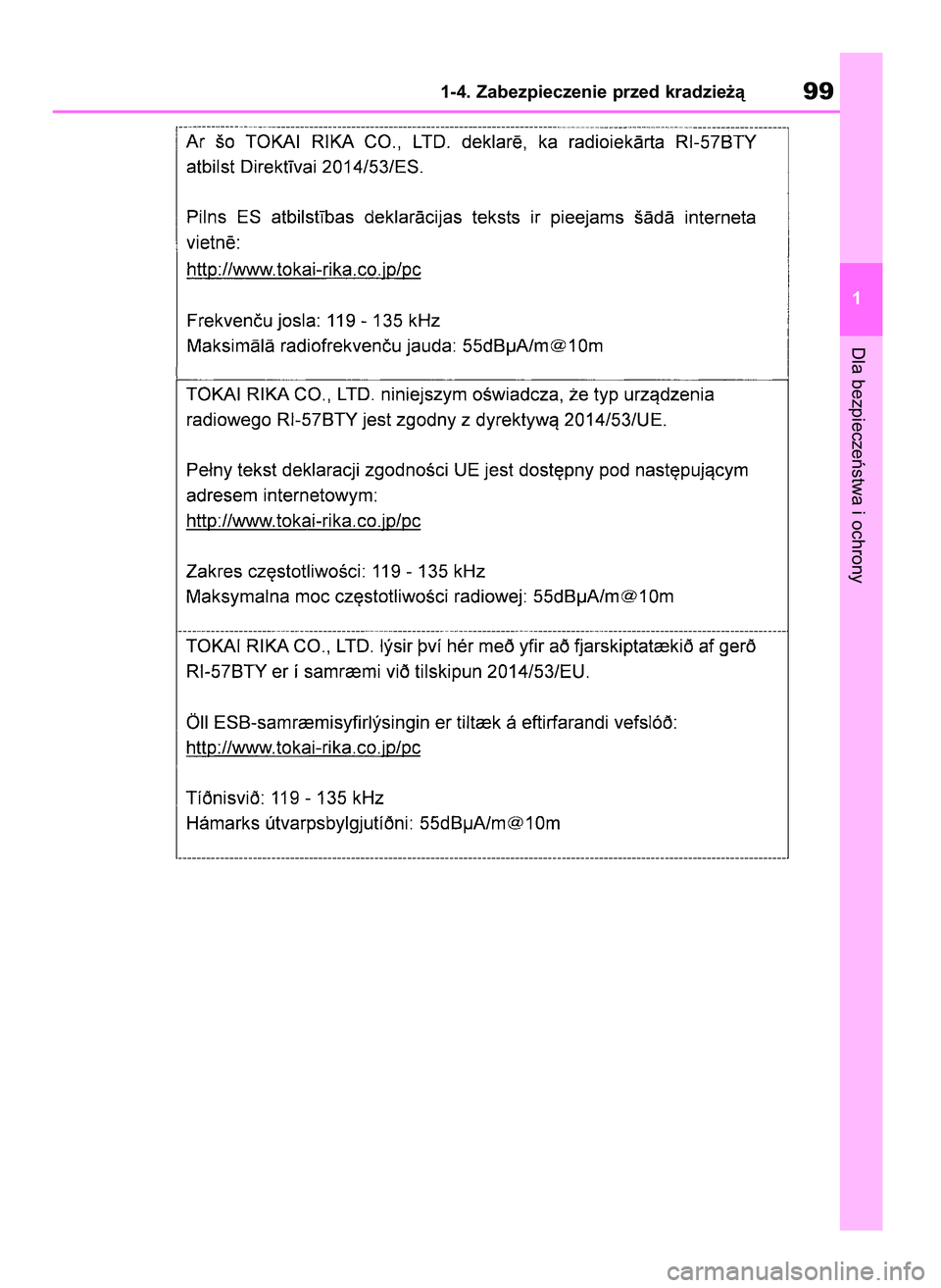 TOYOTA COROLLA HATCHBACK 2019 Instrukcja obsługi (in Polish) Dla bezpieczeƒstwa i ochrony
1-4. Zabezpieczenie przed kradzie˝à99
1
55 Corolla Wagon OM12L25E 28/1/19 16:16 Page 99 TOYOTA COROLLA HATCHBACK 2019 Instrukcja obsługi (in Polish) Dla bezpieczeƒstwa i ochrony
1-4. Zabezpieczenie przed kradzie˝à99
1
55 Corolla Wagon OM12L25E 28/1/19 16:16 Page 99