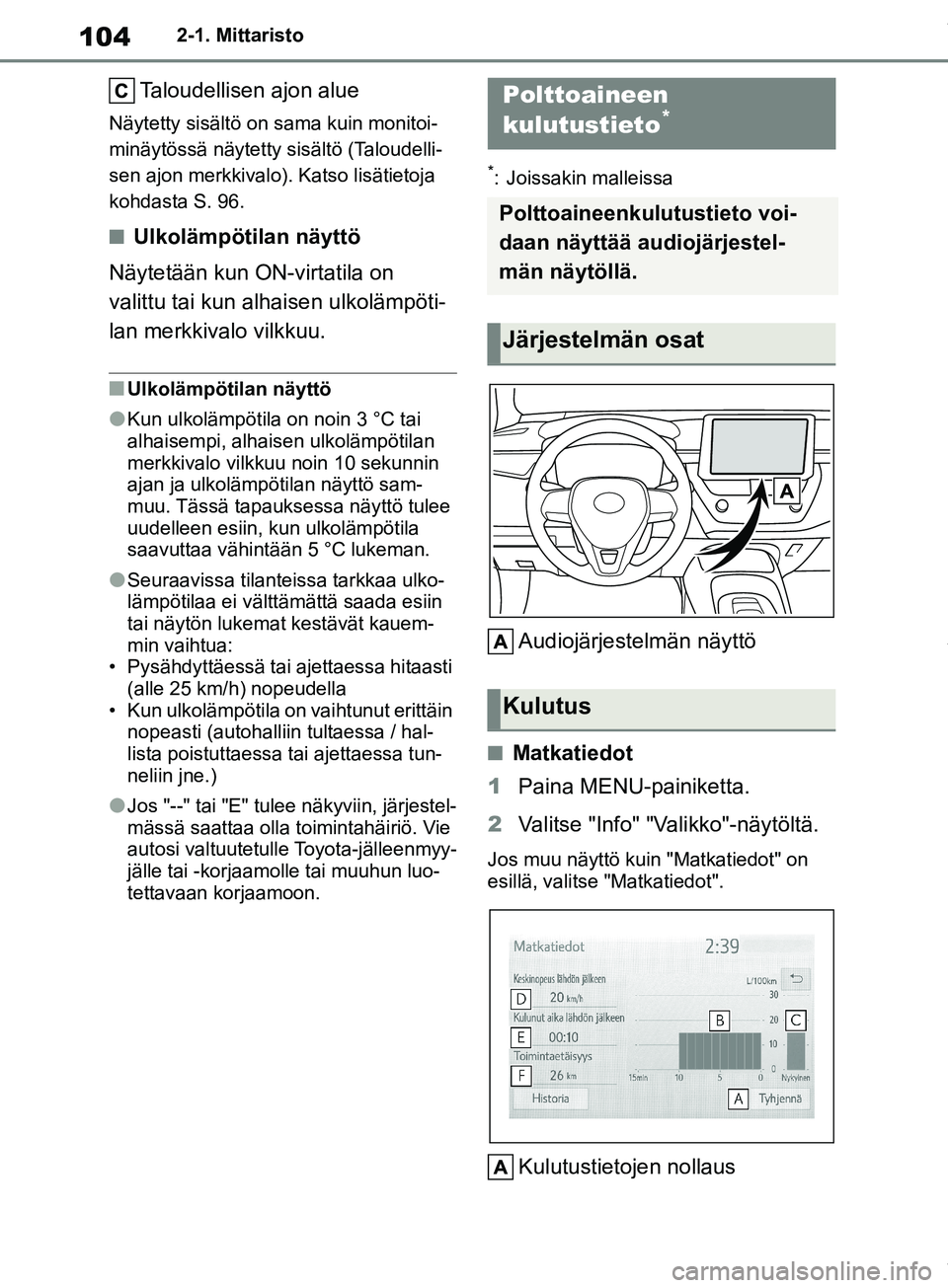 TOYOTA COROLLA HATCHBACK 2019 Omistajan Käsikirja (in Finnish) 104
COROLLA_TMUK_EE2-1. Mittaristo
Taloudellisen ajon alue
Näytetty sisältö on sama kuin monitoi-
minäytössä näytetty sisältö (Taloudelli-
sen ajon merkkivalo). Katso lisätietoja
kohdasta S TOYOTA COROLLA HATCHBACK 2019 Omistajan Käsikirja (in Finnish) 104
COROLLA_TMUK_EE2-1. Mittaristo
Taloudellisen ajon alue
Näytetty sisältö on sama kuin monitoi-
minäytössä näytetty sisältö (Taloudelli-
sen ajon merkkivalo). Katso lisätietoja
kohdasta S