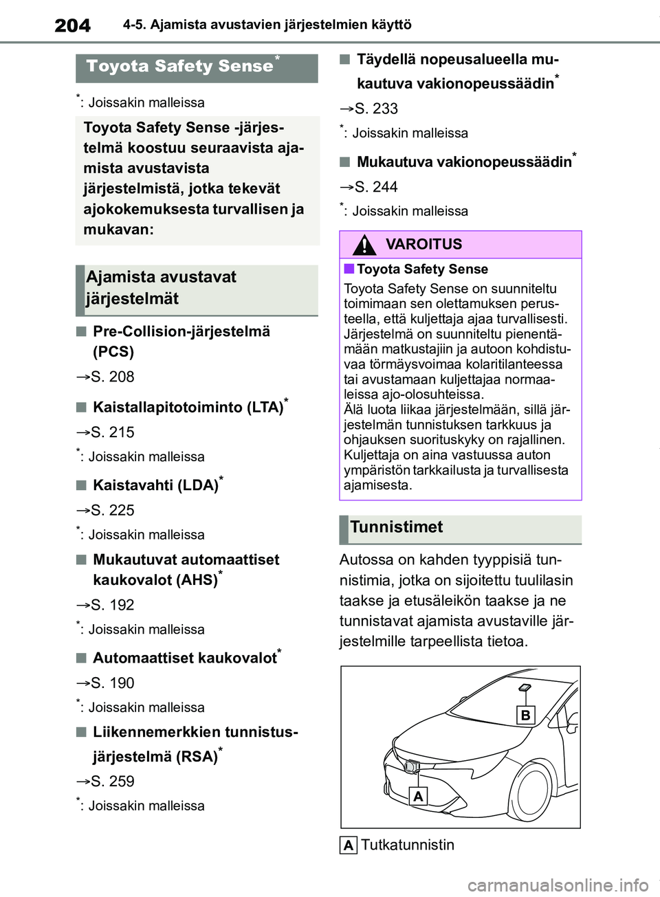 TOYOTA COROLLA HATCHBACK 2019 Omistajan Käsikirja (in Finnish) 204
COROLLA_TMUK_EE4-5. Ajamista avustavie
n järjestelmien käyttö
4-5.Ajamista avustavien järjestelmien käyttö
*: Joissakin malleissa
nPre-Collision-järjestelmä
(PCS)
S. 208
nKaistallapit TOYOTA COROLLA HATCHBACK 2019 Omistajan Käsikirja (in Finnish) 204
COROLLA_TMUK_EE4-5. Ajamista avustavie
n järjestelmien käyttö
4-5.Ajamista avustavien järjestelmien käyttö
*: Joissakin malleissa
nPre-Collision-järjestelmä
(PCS)
S. 208
nKaistallapit