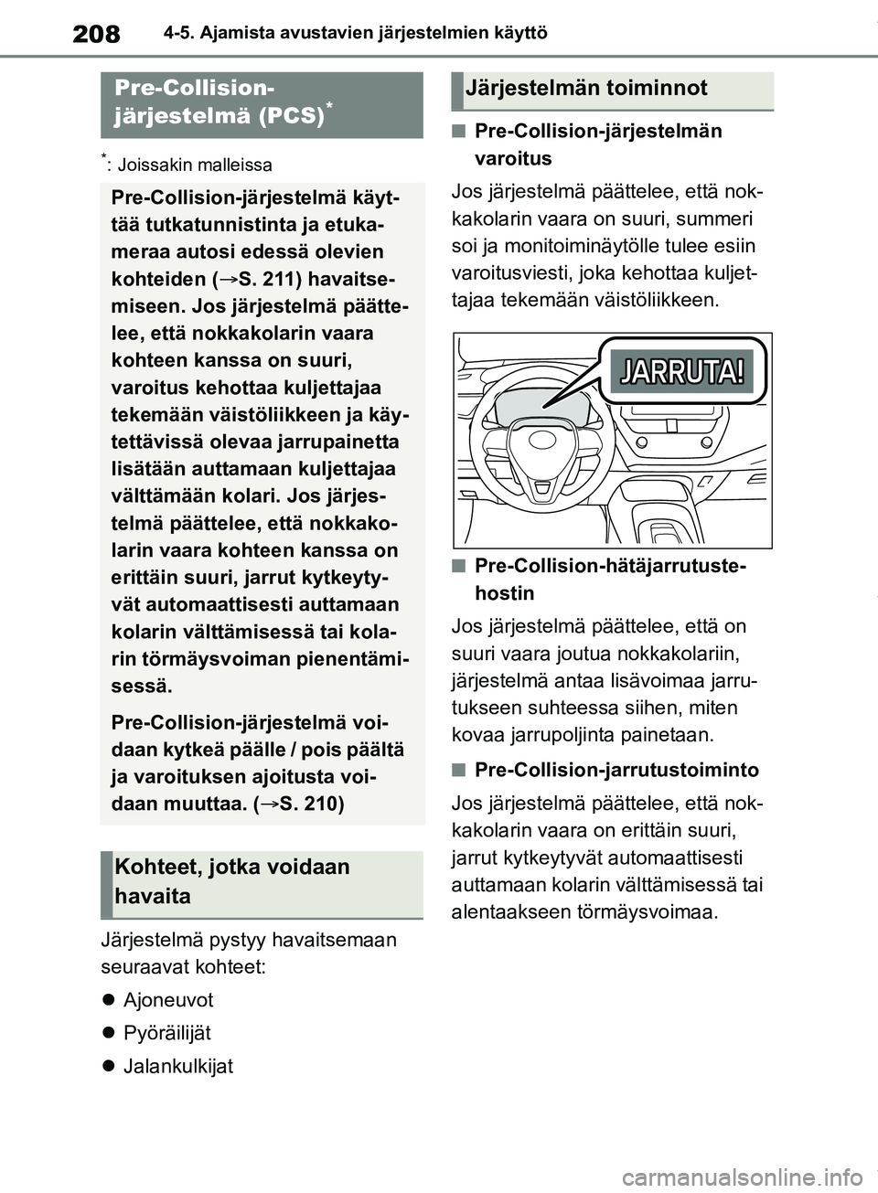 TOYOTA COROLLA HATCHBACK 2019 Omistajan Käsikirja (in Finnish) 208
COROLLA_TMUK_EE4-5. Ajamista avustavie
n järjestelmien käyttö
*: Joissakin malleissa
Järjestelmä pystyy havaitsemaan
seuraavat kohteet:
Ajoneuvot
Pyöräilijät
Jalankulkijat
nPre TOYOTA COROLLA HATCHBACK 2019 Omistajan Käsikirja (in Finnish) 208
COROLLA_TMUK_EE4-5. Ajamista avustavie
n järjestelmien käyttö
*: Joissakin malleissa
Järjestelmä pystyy havaitsemaan
seuraavat kohteet:
Ajoneuvot
Pyöräilijät
Jalankulkijat
nPre