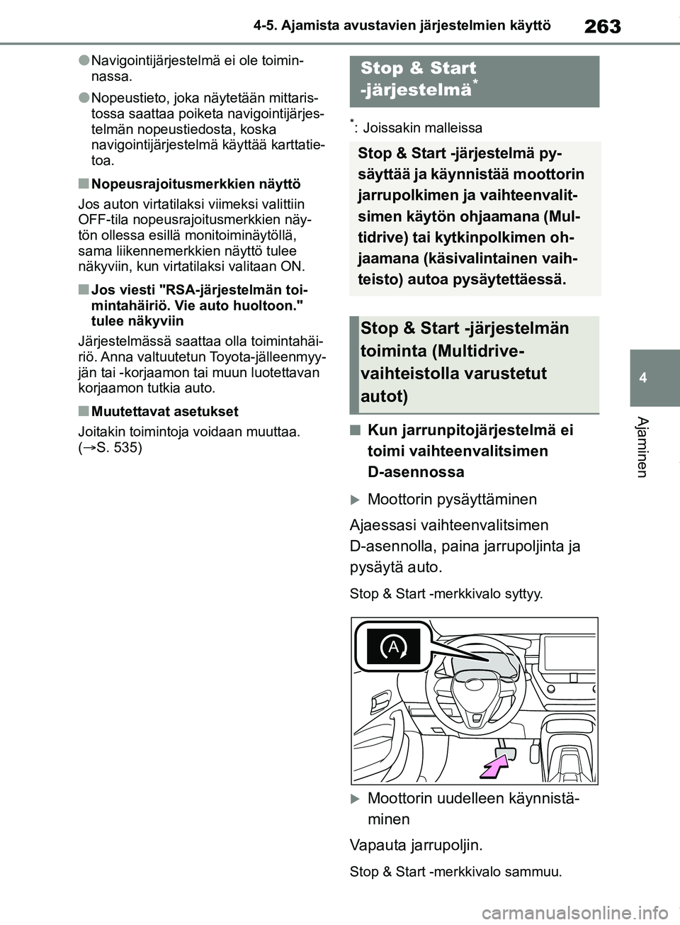 TOYOTA COROLLA HATCHBACK 2019 Omistajan Käsikirja (in Finnish) 263
4
COROLLA_TMUK_EE 4-5. Ajamista avustavien järjestelmien käyttö
Ajaminen
lNavigointijärjestelmä ei ole toimin-
nassa.
lNopeustieto, joka näytetään mittaris-
tossa saattaa poiketa navigoint TOYOTA COROLLA HATCHBACK 2019 Omistajan Käsikirja (in Finnish) 263
4
COROLLA_TMUK_EE 4-5. Ajamista avustavien järjestelmien käyttö
Ajaminen
lNavigointijärjestelmä ei ole toimin-
nassa.
lNopeustieto, joka näytetään mittaris-
tossa saattaa poiketa navigoint