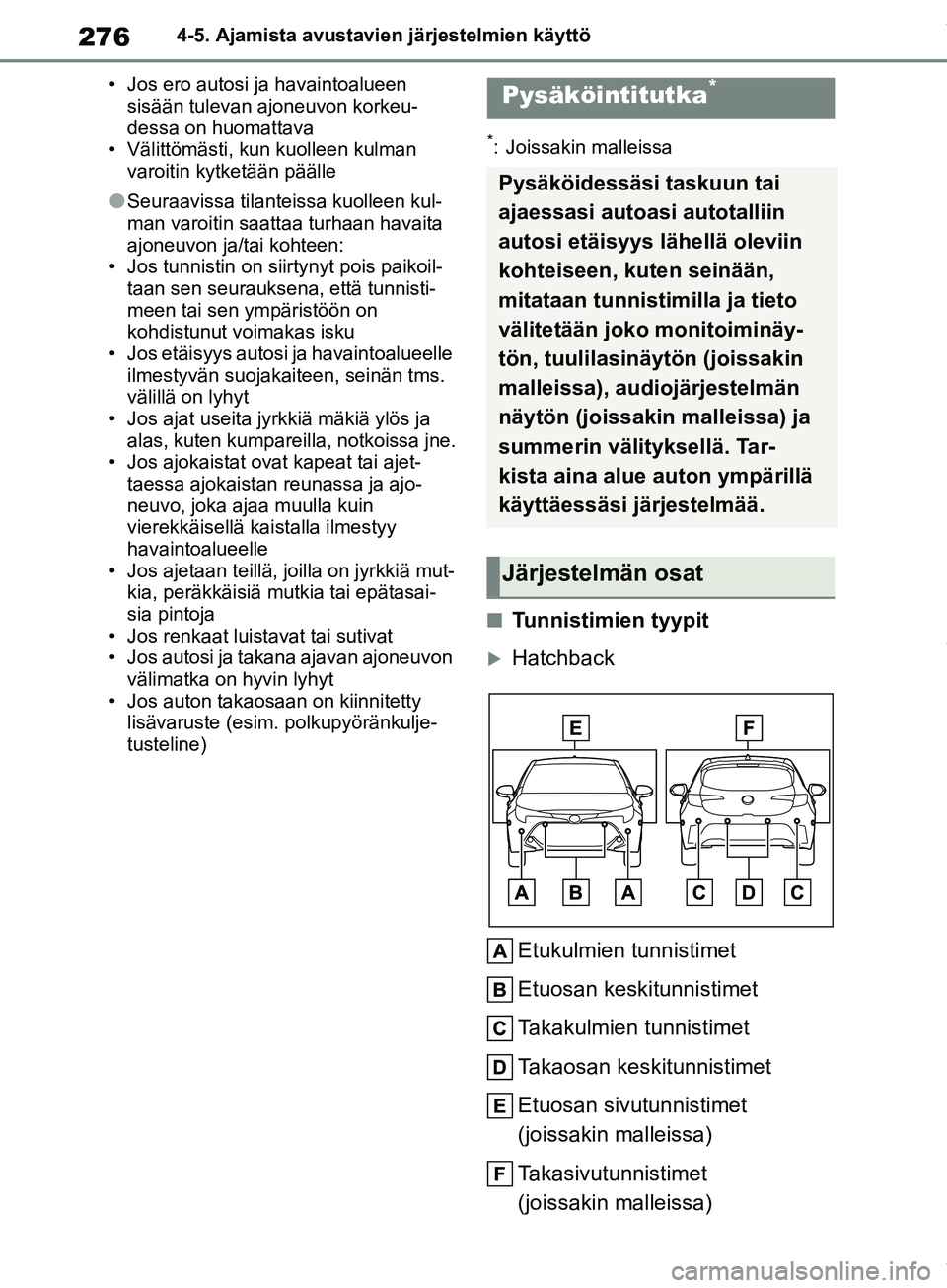 TOYOTA COROLLA HATCHBACK 2019 Omistajan Käsikirja (in Finnish) 276
COROLLA_TMUK_EE4-5. Ajamista avustavie
n järjestelmien käyttö
• Jos ero autosi ja havaintoalueen sisään tulevan ajoneuvon korkeu-
dessa on huomattava
• Välittömästi, kun kuolleen kulm TOYOTA COROLLA HATCHBACK 2019 Omistajan Käsikirja (in Finnish) 276
COROLLA_TMUK_EE4-5. Ajamista avustavie
n järjestelmien käyttö
• Jos ero autosi ja havaintoalueen sisään tulevan ajoneuvon korkeu-
dessa on huomattava
• Välittömästi, kun kuolleen kulm