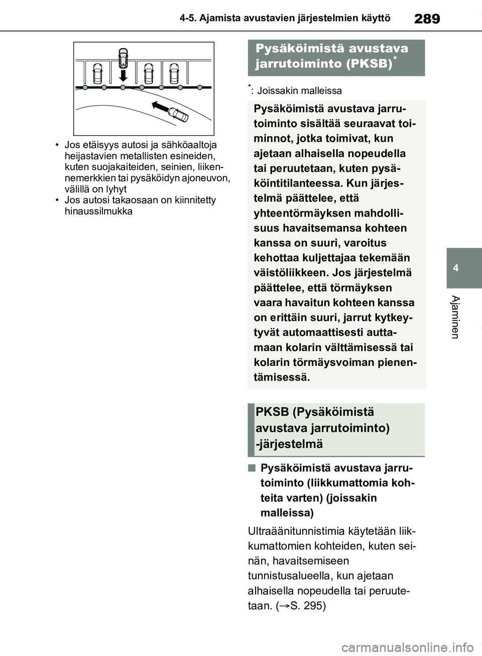 TOYOTA COROLLA HATCHBACK 2019 Omistajan Käsikirja (in Finnish) 289
4
COROLLA_TMUK_EE 4-5. Ajamista avustavien järjestelmien käyttö
Ajaminen
• Jos etäisyys autosi ja sähköaaltoja
heijastavien metallisten esineiden,
kuten suojakaiteiden, seinien, liiken-
TOYOTA COROLLA HATCHBACK 2019 Omistajan Käsikirja (in Finnish) 289
4
COROLLA_TMUK_EE 4-5. Ajamista avustavien järjestelmien käyttö
Ajaminen
• Jos etäisyys autosi ja sähköaaltoja
heijastavien metallisten esineiden,
kuten suojakaiteiden, seinien, liiken-