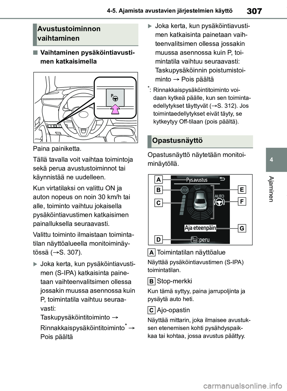 TOYOTA COROLLA HATCHBACK 2019 Omistajan Käsikirja (in Finnish) 307
4
COROLLA_TMUK_EE 4-5. Ajamista avustavien järjestelmien käyttö
Ajaminen
nVaihtaminen pysäköintiavusti-
men katkaisimella
Paina painiketta.
Tällä tavalla voit vaihtaa toimintoja
sekä peru TOYOTA COROLLA HATCHBACK 2019 Omistajan Käsikirja (in Finnish) 307
4
COROLLA_TMUK_EE 4-5. Ajamista avustavien järjestelmien käyttö
Ajaminen
nVaihtaminen pysäköintiavusti-
men katkaisimella
Paina painiketta.
Tällä tavalla voit vaihtaa toimintoja
sekä peru