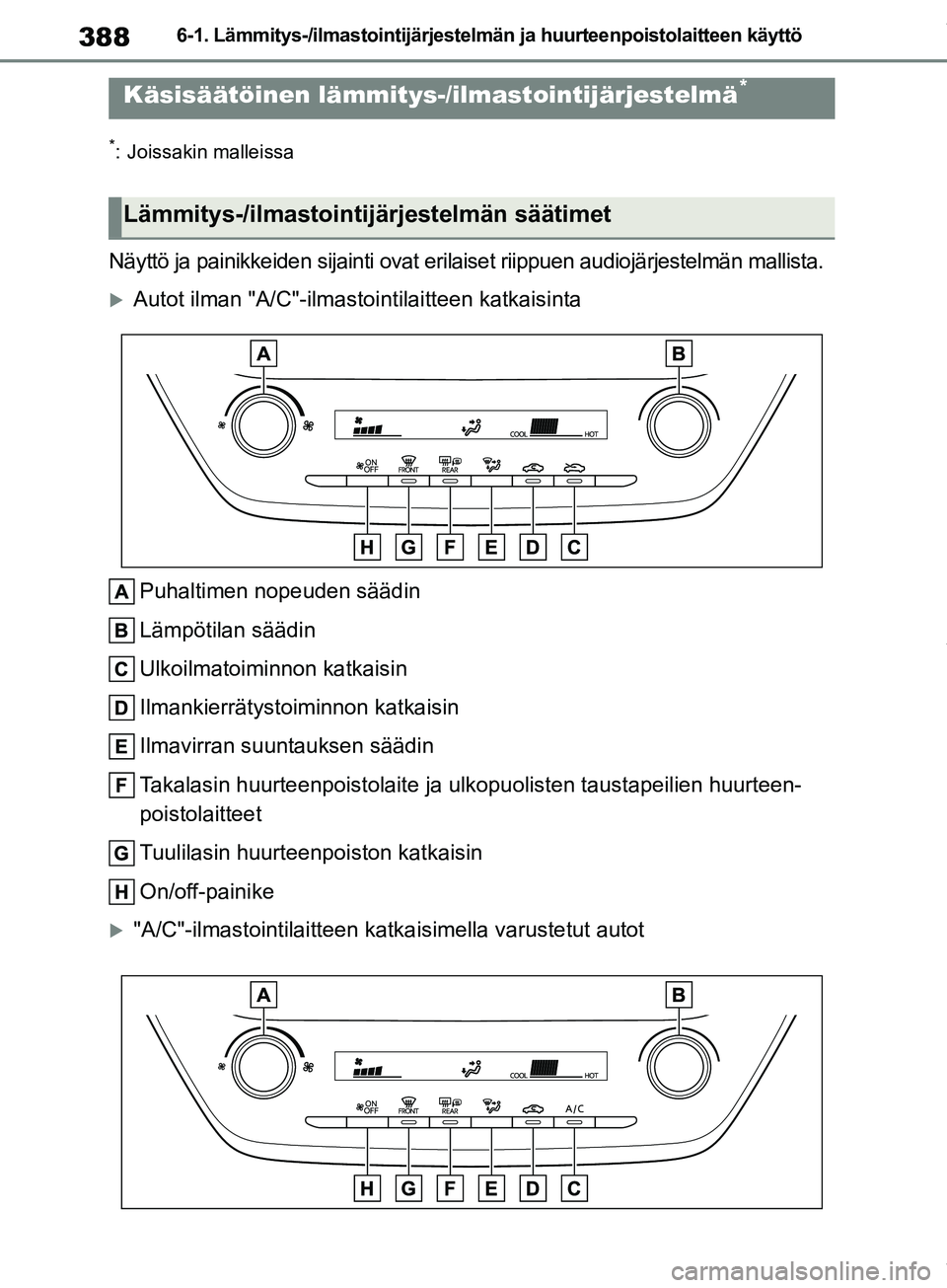 TOYOTA COROLLA HATCHBACK 2019 Omistajan Käsikirja (in Finnish) 388
COROLLA_TMUK_EE6-1. Lämmitys-/ilmastointijärjestelmän ja huurteenpoistolaitteen käyttö
6-1.Lämmitys-/ilmastointijärjestelmän ja huurteenpoistolaitteen käyttö
*: Joissakin malleissa
Näyt TOYOTA COROLLA HATCHBACK 2019 Omistajan Käsikirja (in Finnish) 388
COROLLA_TMUK_EE6-1. Lämmitys-/ilmastointijärjestelmän ja huurteenpoistolaitteen käyttö
6-1.Lämmitys-/ilmastointijärjestelmän ja huurteenpoistolaitteen käyttö
*: Joissakin malleissa
Näyt