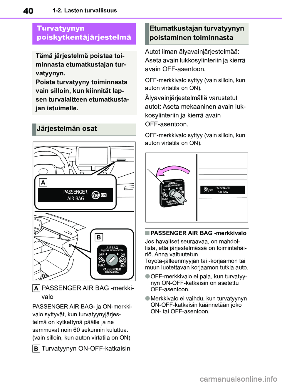 TOYOTA COROLLA HATCHBACK 2019 Omistajan Käsikirja (in Finnish) 40
COROLLA_TMUK_EE1-2. Lasten turvallisuus
1-2.Lasten turvallisuus
PASSENGER AIR BAG -merkki-
valo
PASSENGER AIR BAG- ja ON-merkki-
valo syttyvät, kun turvatyynyjärjes-
telmä on kytkettynä pääll TOYOTA COROLLA HATCHBACK 2019 Omistajan Käsikirja (in Finnish) 40
COROLLA_TMUK_EE1-2. Lasten turvallisuus
1-2.Lasten turvallisuus
PASSENGER AIR BAG -merkki-
valo
PASSENGER AIR BAG- ja ON-merkki-
valo syttyvät, kun turvatyynyjärjes-
telmä on kytkettynä pääll
