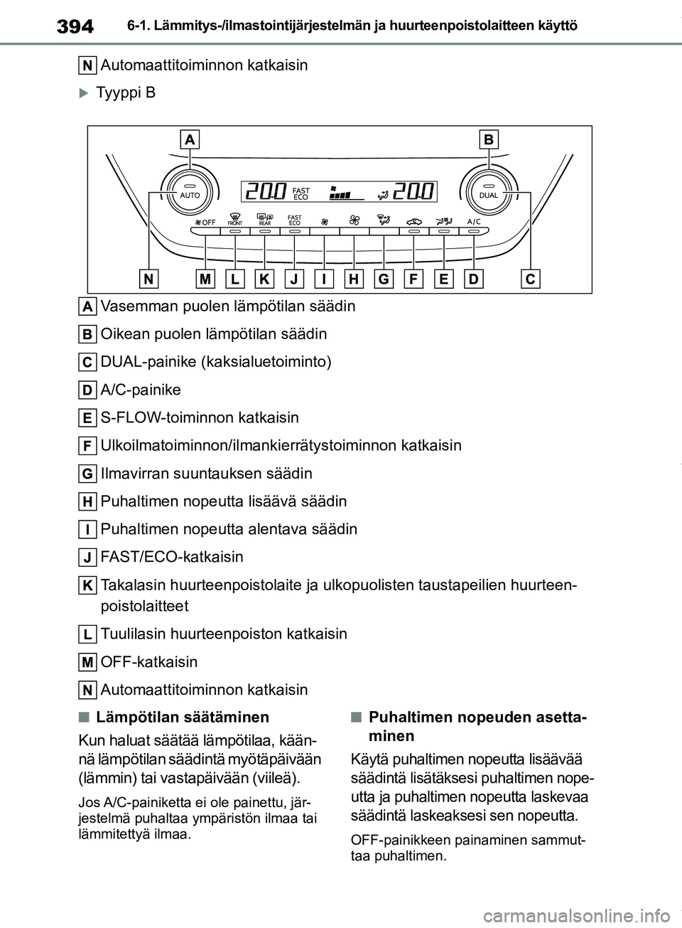 TOYOTA COROLLA HATCHBACK 2019 Omistajan Käsikirja (in Finnish) 394
COROLLA_TMUK_EE6-1. Lämmitys-/ilmastointijärjestelmän ja huurteenpoistolaitteen käyttö
Automaattitoiminnon katkaisin
Tyyppi B
Vasemman puolen lämpötilan säädin
Oikean puolen lämpötil TOYOTA COROLLA HATCHBACK 2019 Omistajan Käsikirja (in Finnish) 394
COROLLA_TMUK_EE6-1. Lämmitys-/ilmastointijärjestelmän ja huurteenpoistolaitteen käyttö
Automaattitoiminnon katkaisin
Tyyppi B
Vasemman puolen lämpötilan säädin
Oikean puolen lämpötil