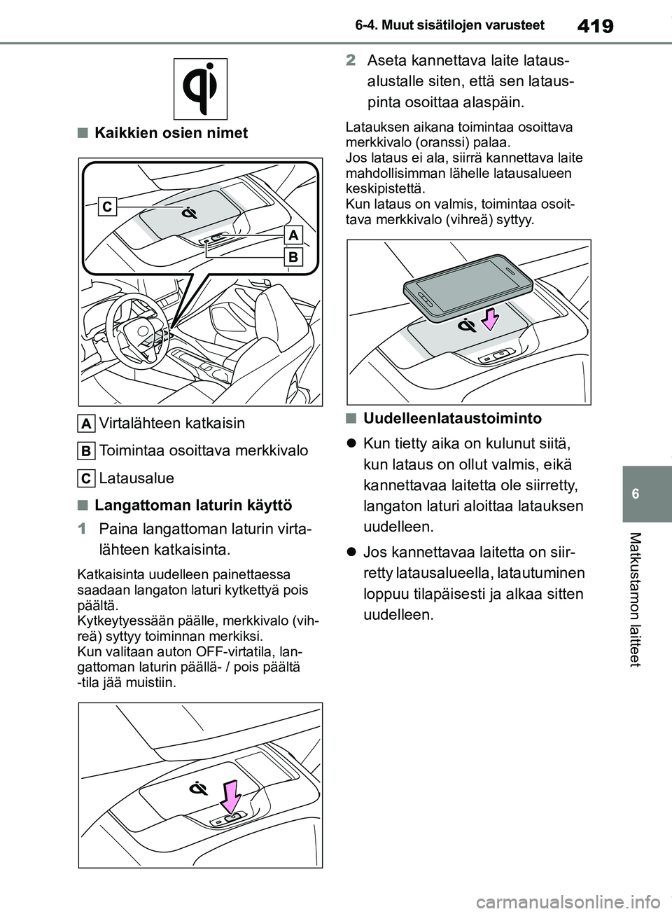 TOYOTA COROLLA HATCHBACK 2019 Omistajan Käsikirja (in Finnish) 419
6
COROLLA_TMUK_EE 6-4. Muut sisätilojen varusteet
Matkustamon laitteet
nKaikkien osien nimet
Virtalähteen katkaisin
Toimintaa osoittava merkkivalo
Latausalue
nLangattoman laturin käyttö
1 Pain TOYOTA COROLLA HATCHBACK 2019 Omistajan Käsikirja (in Finnish) 419
6
COROLLA_TMUK_EE 6-4. Muut sisätilojen varusteet
Matkustamon laitteet
nKaikkien osien nimet
Virtalähteen katkaisin
Toimintaa osoittava merkkivalo
Latausalue
nLangattoman laturin käyttö
1 Pain