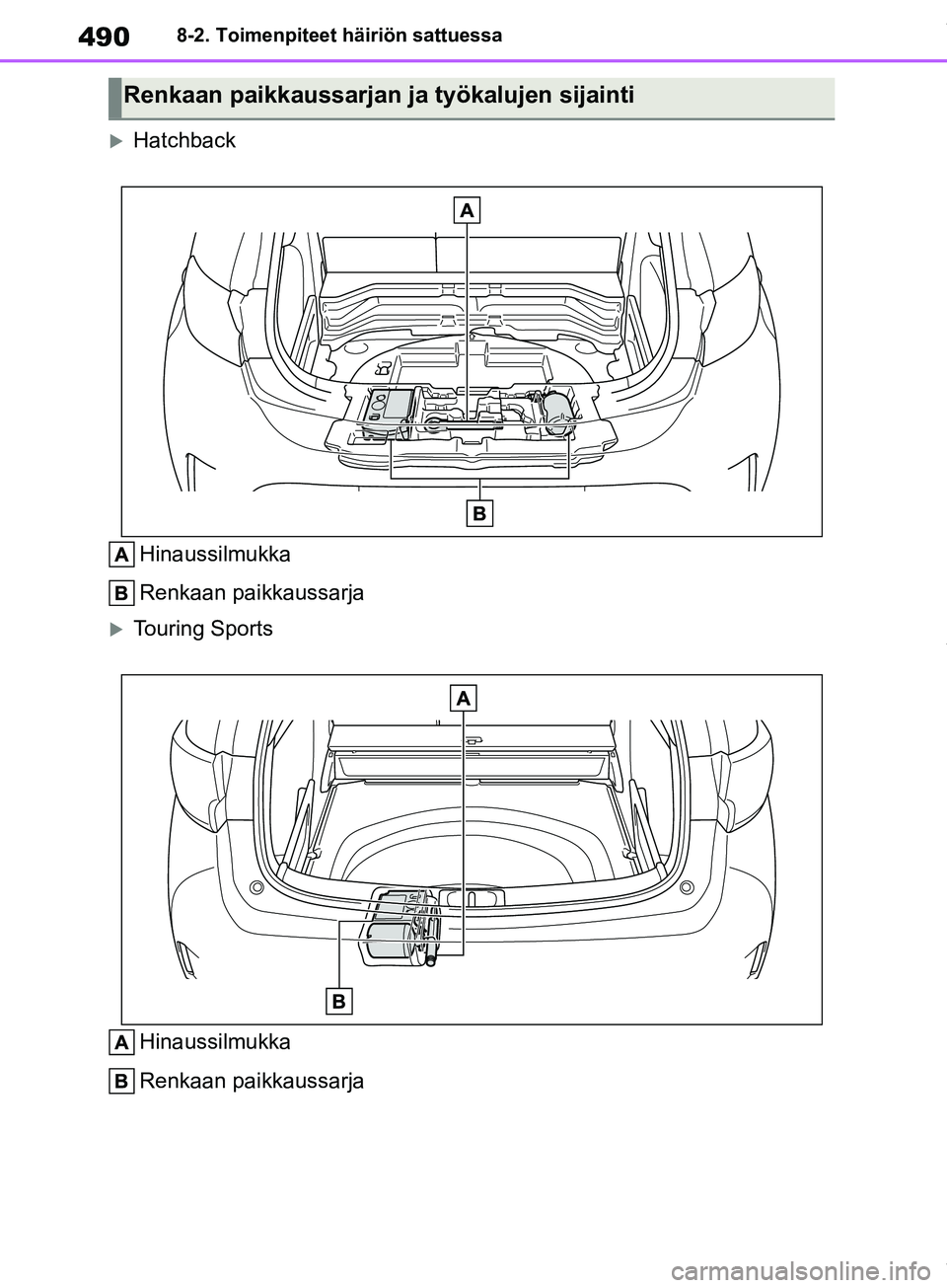TOYOTA COROLLA HATCHBACK 2019 Omistajan Käsikirja (in Finnish) 490
COROLLA_TMUK_EE8-2. Toimenpiteet häiriön sattuessa
Hatchback
Hinaussilmukka
Renkaan paikkaussarja
Touring SportsHinaussilmukka
Renkaan paikkaussarja
Renkaan paikkaussarjan ja työkalujen s TOYOTA COROLLA HATCHBACK 2019 Omistajan Käsikirja (in Finnish) 490
COROLLA_TMUK_EE8-2. Toimenpiteet häiriön sattuessa
Hatchback
Hinaussilmukka
Renkaan paikkaussarja
Touring SportsHinaussilmukka
Renkaan paikkaussarja
Renkaan paikkaussarjan ja työkalujen s