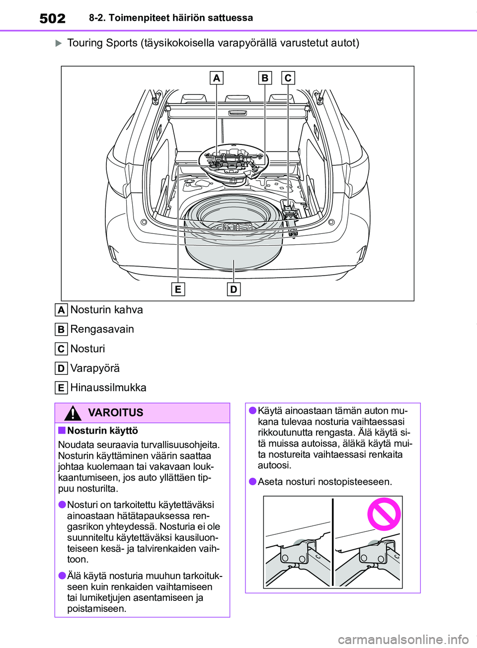 TOYOTA COROLLA HATCHBACK 2019 Omistajan Käsikirja (in Finnish) 502
COROLLA_TMUK_EE8-2. Toimenpiteet häiriön sattuessa
Touring Sports (täysikokoisella varapyörällä varustetut autot)
Nosturin kahva
Rengasavain
Nosturi
Varapyörä
Hinaussilmukka
VAROITUS
nN TOYOTA COROLLA HATCHBACK 2019 Omistajan Käsikirja (in Finnish) 502
COROLLA_TMUK_EE8-2. Toimenpiteet häiriön sattuessa
Touring Sports (täysikokoisella varapyörällä varustetut autot)
Nosturin kahva
Rengasavain
Nosturi
Varapyörä
Hinaussilmukka
VAROITUS
nN
