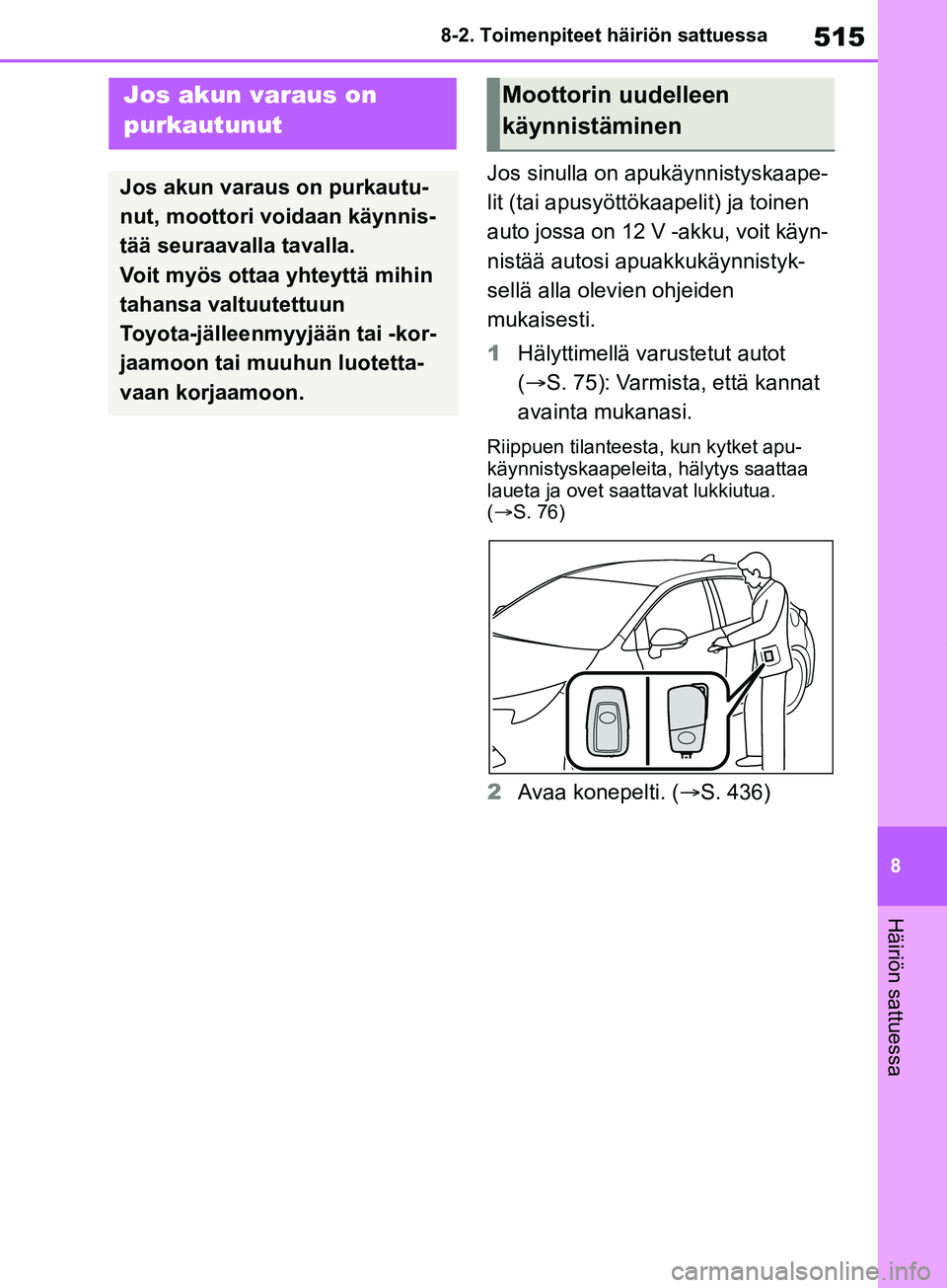 TOYOTA COROLLA HATCHBACK 2019 Omistajan Käsikirja (in Finnish) 515
8
COROLLA_TMUK_EE 8-2. Toimenpiteet häiriön sattuessa
Häiriön sattuessa
Jos sinulla on apukäynnistyskaape-
lit (tai apusyöttökaapelit) ja toinen
auto jossa on 12 V -akku, voit käyn-
nist TOYOTA COROLLA HATCHBACK 2019 Omistajan Käsikirja (in Finnish) 515
8
COROLLA_TMUK_EE 8-2. Toimenpiteet häiriön sattuessa
Häiriön sattuessa
Jos sinulla on apukäynnistyskaape-
lit (tai apusyöttökaapelit) ja toinen
auto jossa on 12 V -akku, voit käyn-
nist
