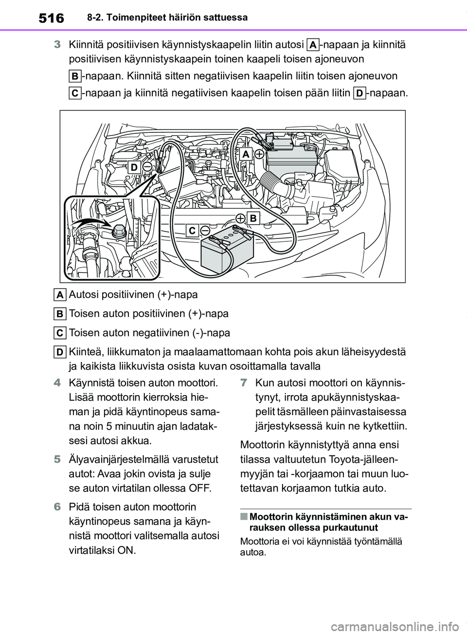 TOYOTA COROLLA HATCHBACK 2019 Omistajan Käsikirja (in Finnish) 516
COROLLA_TMUK_EE8-2. Toimenpiteet häiriön sattuessa
3
Kiinnitä positiivisen kä ynnistyskaapelin liitin aut osi -napaan ja kiinnitä
positiivisen käynnistyskaapein toinen kaapeli toisen ajone TOYOTA COROLLA HATCHBACK 2019 Omistajan Käsikirja (in Finnish) 516
COROLLA_TMUK_EE8-2. Toimenpiteet häiriön sattuessa
3
Kiinnitä positiivisen kä ynnistyskaapelin liitin aut osi -napaan ja kiinnitä
positiivisen käynnistyskaapein toinen kaapeli toisen ajone
