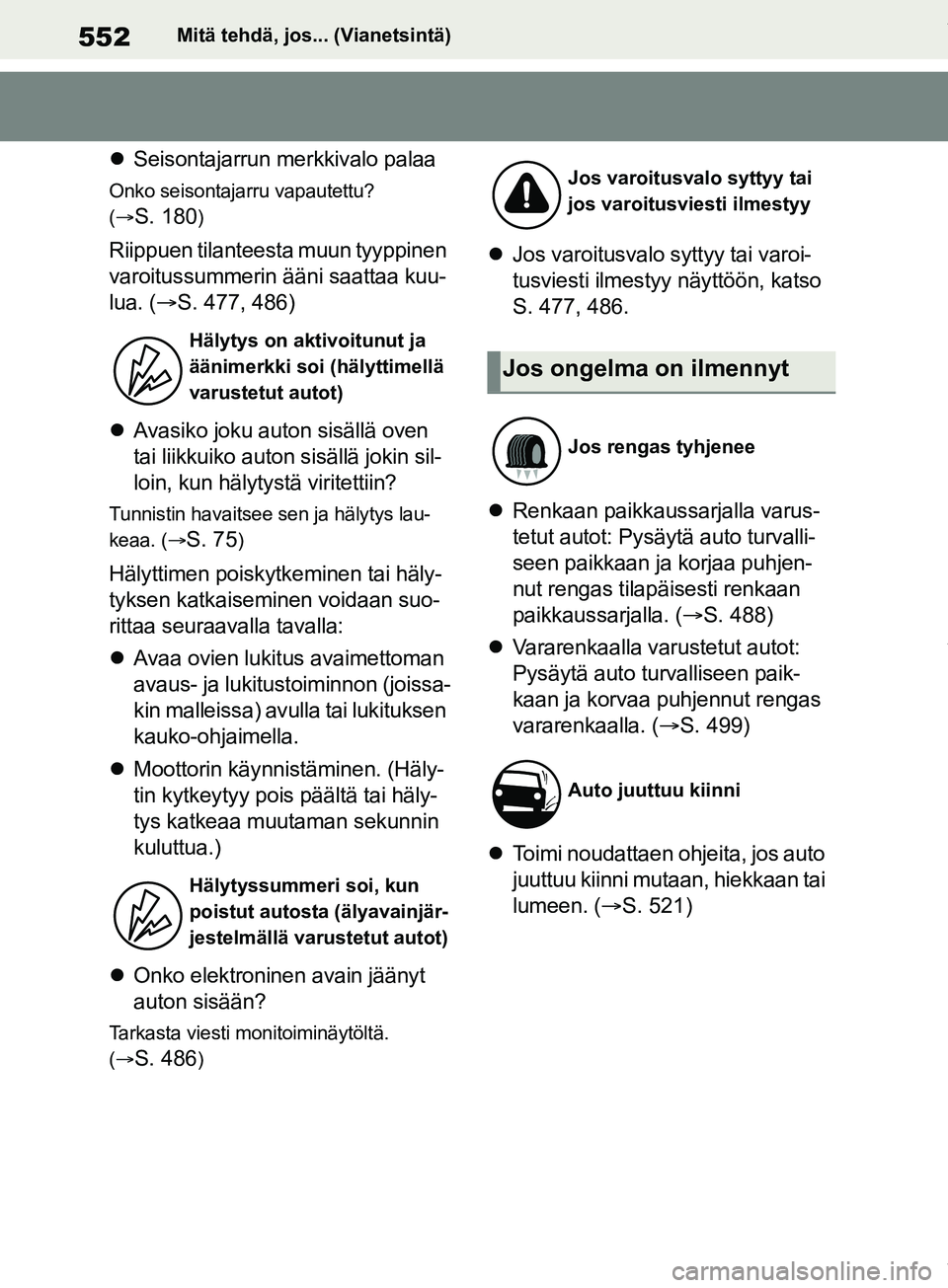 TOYOTA COROLLA HATCHBACK 2019 Omistajan Käsikirja (in Finnish) 552
COROLLA_TMUK_EEMitä tehdä, jos... (Vianetsintä)
Seisontajarrun merkkivalo palaa
Onko seisontajarru vapautettu?
(
S. 180)
Riippuen tilanteesta muun tyyppinen
varoitussummerin ääni saa TOYOTA COROLLA HATCHBACK 2019 Omistajan Käsikirja (in Finnish) 552
COROLLA_TMUK_EEMitä tehdä, jos... (Vianetsintä)
Seisontajarrun merkkivalo palaa
Onko seisontajarru vapautettu?
(
S. 180)
Riippuen tilanteesta muun tyyppinen
varoitussummerin ääni saa