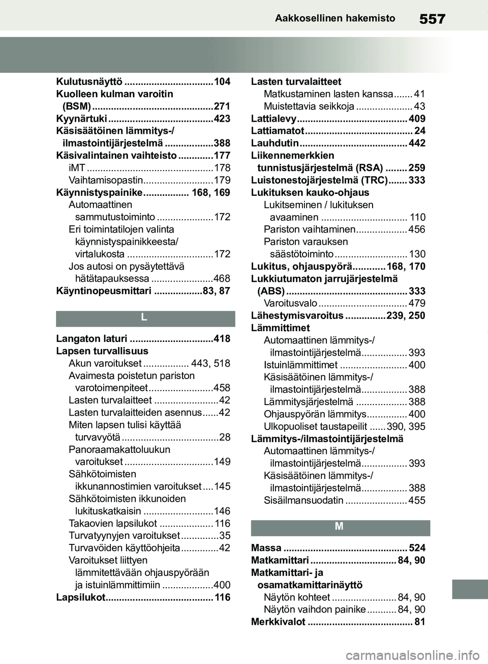 TOYOTA COROLLA HATCHBACK 2019 Omistajan Käsikirja (in Finnish) 557
COROLLA_TMUK_EEAakkosellinen hakemisto
Kulutusnäyttö .................................104
Kuolleen kulman varoitin
(BSM) .............................................271
Kyynärtuki ........... TOYOTA COROLLA HATCHBACK 2019 Omistajan Käsikirja (in Finnish) 557
COROLLA_TMUK_EEAakkosellinen hakemisto
Kulutusnäyttö .................................104
Kuolleen kulman varoitin
(BSM) .............................................271
Kyynärtuki ...........