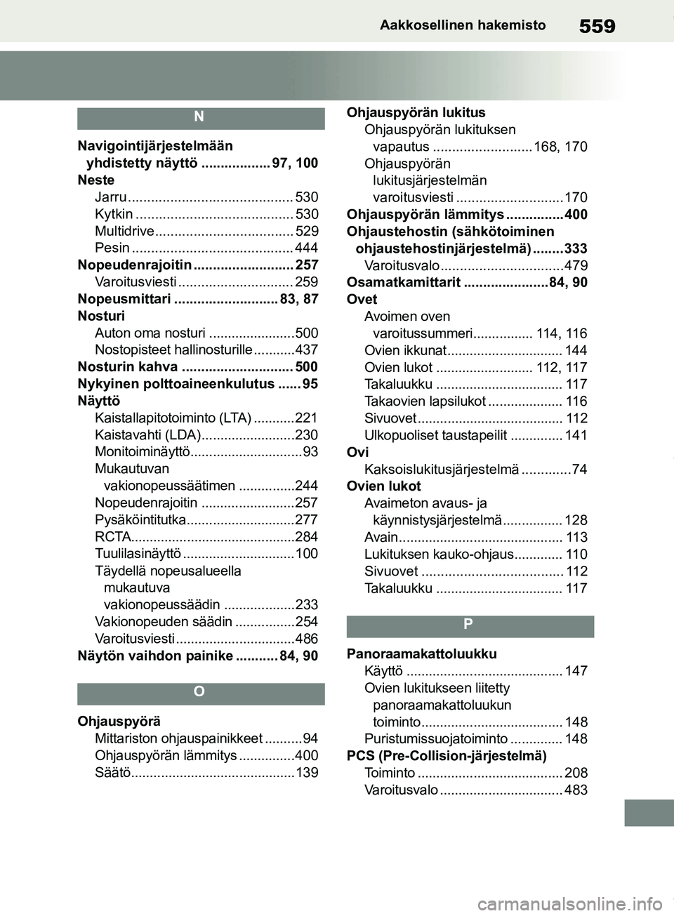 TOYOTA COROLLA HATCHBACK 2019 Omistajan Käsikirja (in Finnish) 559
COROLLA_TMUK_EEAakkosellinen hakemisto
N
Navigointijärjestelmään
yhdistetty näyttö .................. 97, 100
Neste Jarru ........................................... 530
Kytkin ............. TOYOTA COROLLA HATCHBACK 2019 Omistajan Käsikirja (in Finnish) 559
COROLLA_TMUK_EEAakkosellinen hakemisto
N
Navigointijärjestelmään
yhdistetty näyttö .................. 97, 100
Neste Jarru ........................................... 530
Kytkin .............