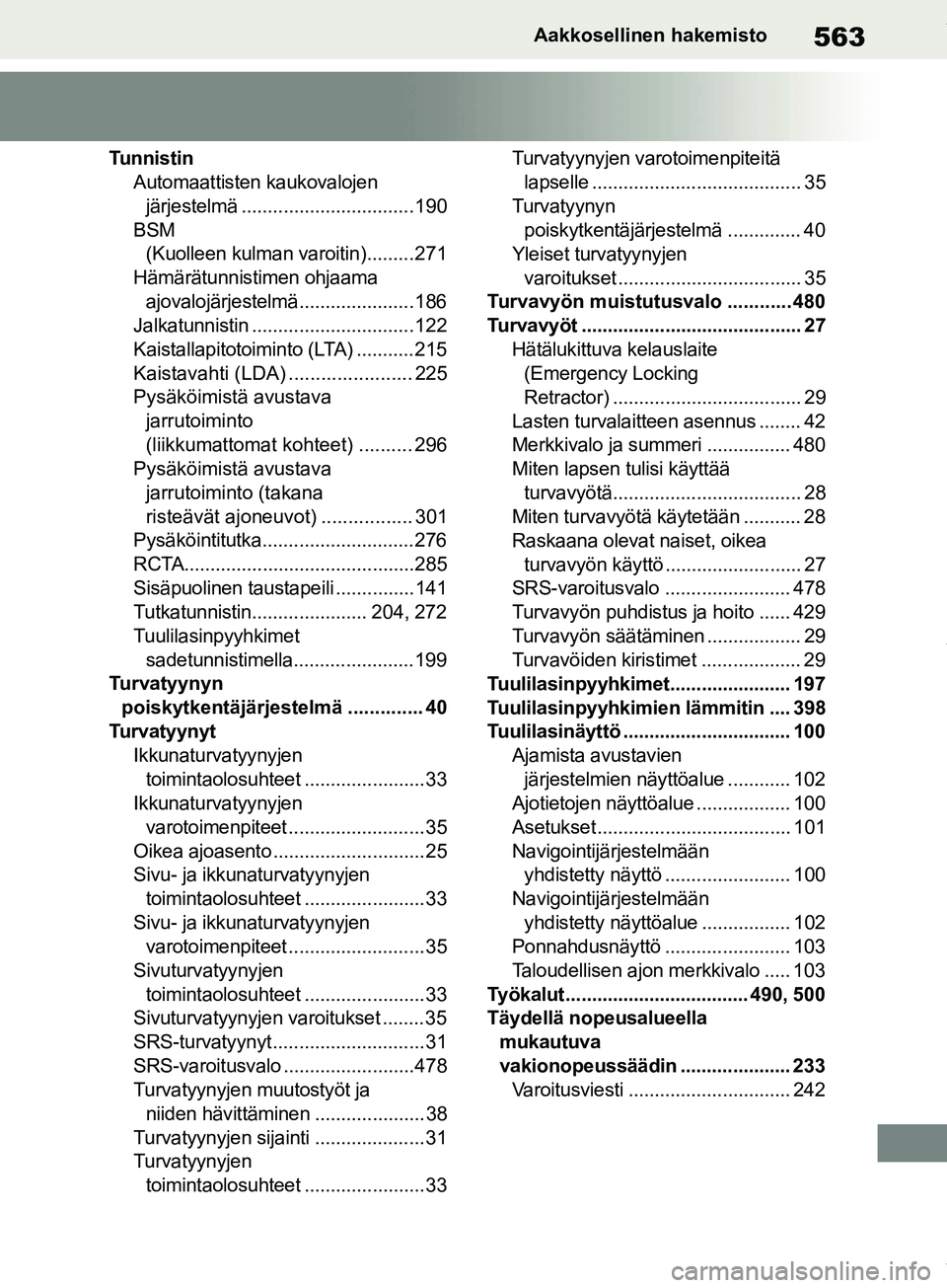 TOYOTA COROLLA HATCHBACK 2019 Omistajan Käsikirja (in Finnish) 563
COROLLA_TMUK_EEAakkosellinen hakemisto
Tunnistin
Automaattisten kaukovalojen
järjestelmä .................................190
BSM (Kuolleen kulman varoitin).........271
Hämärätunnistimen oh TOYOTA COROLLA HATCHBACK 2019 Omistajan Käsikirja (in Finnish) 563
COROLLA_TMUK_EEAakkosellinen hakemisto
Tunnistin
Automaattisten kaukovalojen
järjestelmä .................................190
BSM (Kuolleen kulman varoitin).........271
Hämärätunnistimen oh