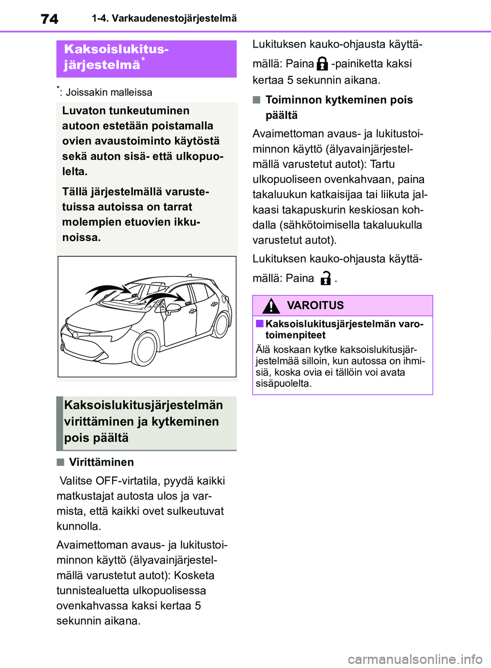 TOYOTA COROLLA HATCHBACK 2019 Omistajan Käsikirja (in Finnish) 74
COROLLA_TMUK_EE1-4. Varkaudenestojärjestelmä
*: Joissakin malleissa
nVirittäminen
Valitse OFF-virtatila, pyydä kaikki
matkustajat autosta ulos ja var-
mista, että kaikki ovet sulkeutuvat
ku TOYOTA COROLLA HATCHBACK 2019 Omistajan Käsikirja (in Finnish) 74
COROLLA_TMUK_EE1-4. Varkaudenestojärjestelmä
*: Joissakin malleissa
nVirittäminen
Valitse OFF-virtatila, pyydä kaikki
matkustajat autosta ulos ja var-
mista, että kaikki ovet sulkeutuvat
ku