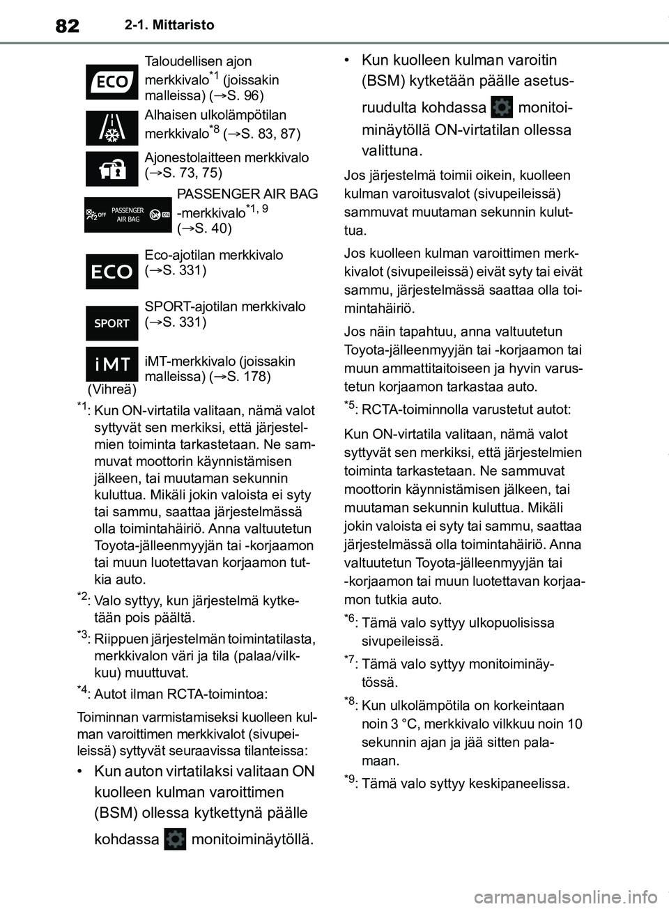 TOYOTA COROLLA HATCHBACK 2019 Omistajan Käsikirja (in Finnish) 82
COROLLA_TMUK_EE2-1. Mittaristo
*1: Kun ON-virtatila valitaan, nämä valot
syttyvät sen merkiksi, että järjestel-
mien toiminta tarkastetaan. Ne sam-
muvat moottorin käynnistämisen
jälkeen, TOYOTA COROLLA HATCHBACK 2019 Omistajan Käsikirja (in Finnish) 82
COROLLA_TMUK_EE2-1. Mittaristo
*1: Kun ON-virtatila valitaan, nämä valot
syttyvät sen merkiksi, että järjestel-
mien toiminta tarkastetaan. Ne sam-
muvat moottorin käynnistämisen
jälkeen,