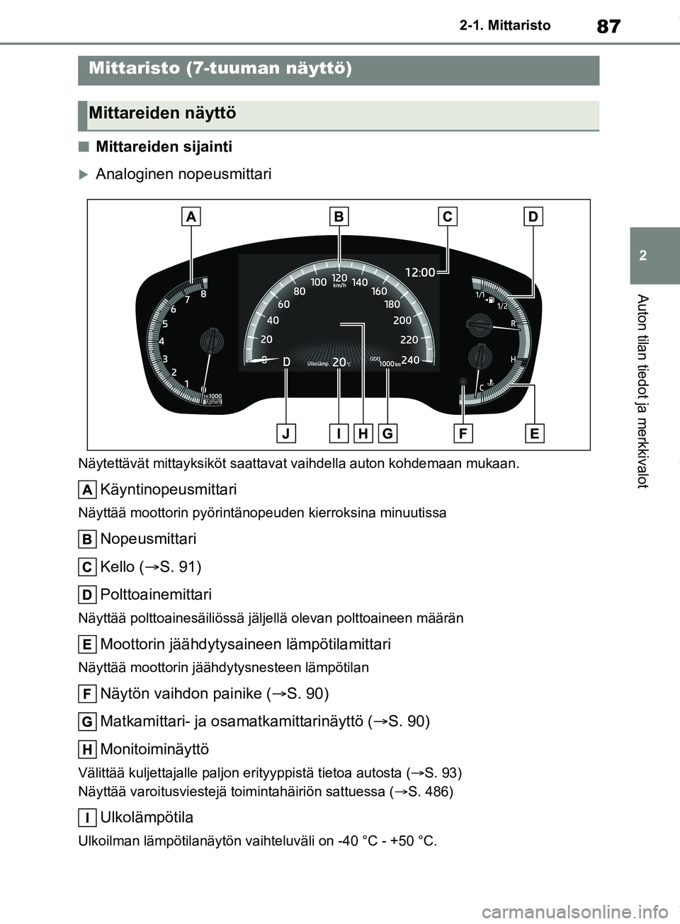 TOYOTA COROLLA HATCHBACK 2019 Omistajan Käsikirja (in Finnish) 87
2
COROLLA_TMUK_EE 2-1. Mittaristo
Auton tilan tiedot ja merkkivalot
nMittareiden sijainti
Analoginen nopeusmittari
Näytettävät mitta
yksiköt saattavat vaihdella auton kohde maan mukaan.
Käy TOYOTA COROLLA HATCHBACK 2019 Omistajan Käsikirja (in Finnish) 87
2
COROLLA_TMUK_EE 2-1. Mittaristo
Auton tilan tiedot ja merkkivalot
nMittareiden sijainti
Analoginen nopeusmittari
Näytettävät mitta
yksiköt saattavat vaihdella auton kohde maan mukaan.
Käy