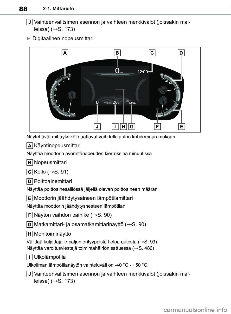 TOYOTA COROLLA HATCHBACK 2019 Omistajan Käsikirja (in Finnish) 88
COROLLA_TMUK_EE2-1. Mittaristo
Vaihteenvalitsimen asennon ja vaih
teen merkkivalot (joissakin mal-
leissa) ( S. 173)
Digitaalinen nopeusmittari
Näytettävät mitta yksiköt saattavat vaihdel TOYOTA COROLLA HATCHBACK 2019 Omistajan Käsikirja (in Finnish) 88
COROLLA_TMUK_EE2-1. Mittaristo
Vaihteenvalitsimen asennon ja vaih
teen merkkivalot (joissakin mal-
leissa) ( S. 173)
Digitaalinen nopeusmittari
Näytettävät mitta yksiköt saattavat vaihdel