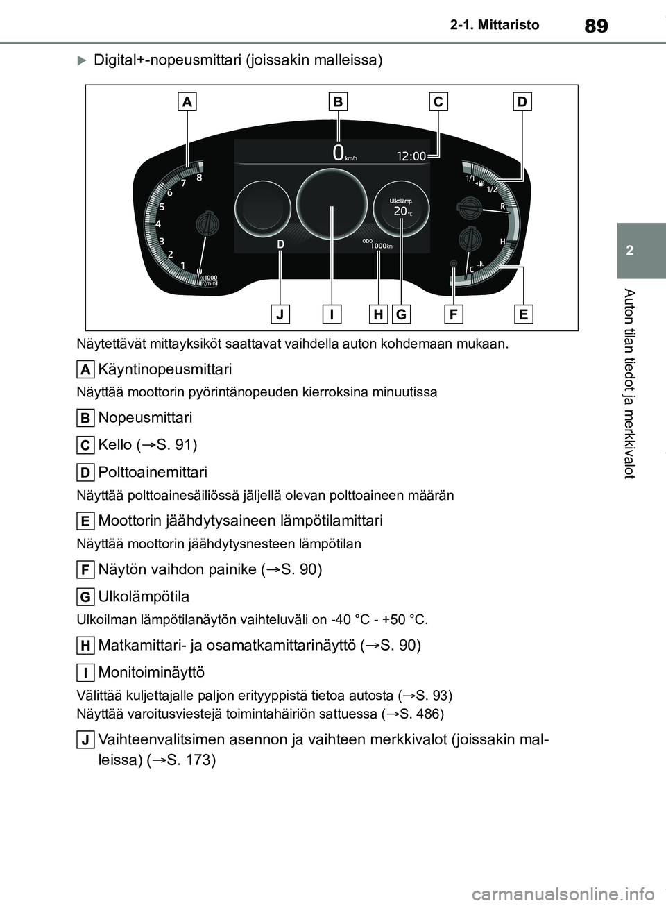 TOYOTA COROLLA HATCHBACK 2019 Omistajan Käsikirja (in Finnish) 89
2
COROLLA_TMUK_EE 2-1. Mittaristo
Auton tilan tiedot ja merkkivalot
Digital+-nopeusmittari (joissakin malleissa)
Näytettävät mitta
yksiköt saattavat vaihdella auton kohde maan mukaan.
Käynt TOYOTA COROLLA HATCHBACK 2019 Omistajan Käsikirja (in Finnish) 89
2
COROLLA_TMUK_EE 2-1. Mittaristo
Auton tilan tiedot ja merkkivalot
Digital+-nopeusmittari (joissakin malleissa)
Näytettävät mitta
yksiköt saattavat vaihdella auton kohde maan mukaan.
Käynt