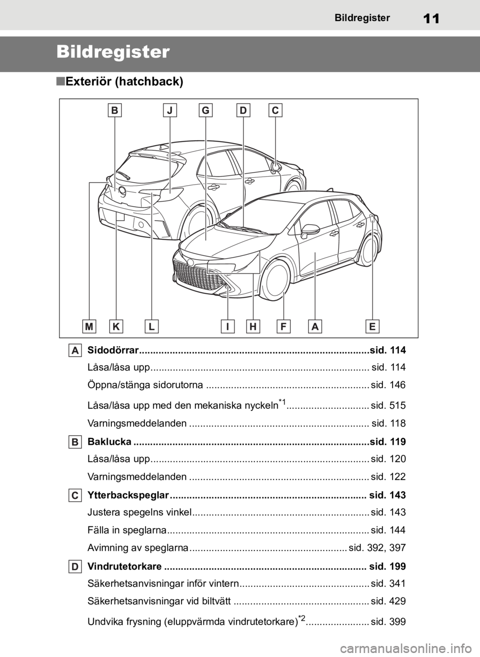 TOYOTA COROLLA HATCHBACK 2019  Bruksanvisningar (in Swedish) 11
OM12L25SEBildregister
Bildregister
■
Exteriör (hatchback)
Sidodörrar...................................................................................sid. 114
Låsa/låsa upp..................