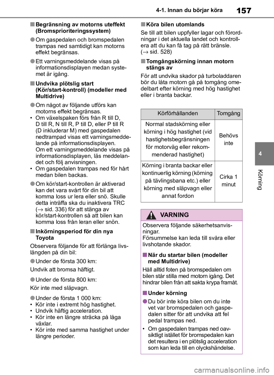 TOYOTA COROLLA HATCHBACK 2019 Bruksanvisningar (in Swedish) 157
4
OM12L25SE 4-1. Innan du börjar köra
Körning
■Begränsning av motorns uteffekt
(Bromsprioriteringssystem)
●Om gaspedalen och bromspedalen
trampas ned samtidigt kan motorns
effekt begrä TOYOTA COROLLA HATCHBACK 2019 Bruksanvisningar (in Swedish) 157
4
OM12L25SE 4-1. Innan du börjar köra
Körning
■Begränsning av motorns uteffekt
(Bromsprioriteringssystem)
●Om gaspedalen och bromspedalen
trampas ned samtidigt kan motorns
effekt begrä