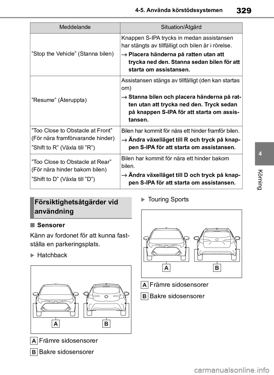 TOYOTA COROLLA HATCHBACK 2019 Bruksanvisningar (in Swedish) 329
4
OM12L25SE 4-5. Använda körstödssystemen
Körning
■Sensorer
Känn av fordonet för att kunna fast-
ställa en parkeringsplats.
Hatchback
Främre sidosensorer
Bakre sidosensorer
Touring TOYOTA COROLLA HATCHBACK 2019 Bruksanvisningar (in Swedish) 329
4
OM12L25SE 4-5. Använda körstödssystemen
Körning
■Sensorer
Känn av fordonet för att kunna fast-
ställa en parkeringsplats.
Hatchback
Främre sidosensorer
Bakre sidosensorer
Touring