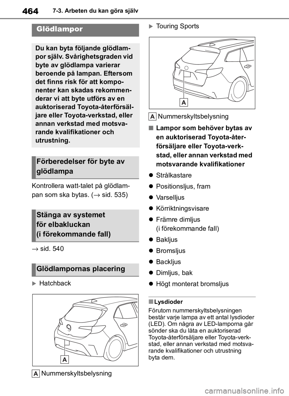 TOYOTA COROLLA HATCHBACK 2019 Bruksanvisningar (in Swedish) 464
OM12L25SE7-3. Arbeten du kan göra själv
Kontrollera watt-talet på glödlam-
pan som ska bytas. (
→sid. 535)
→ sid. 540
Hatchback
Nummerskyltsbelysning
Touring Sports
Nummerskyltsbelys TOYOTA COROLLA HATCHBACK 2019 Bruksanvisningar (in Swedish) 464
OM12L25SE7-3. Arbeten du kan göra själv
Kontrollera watt-talet på glödlam-
pan som ska bytas. (
→sid. 535)
→ sid. 540
Hatchback
Nummerskyltsbelysning
Touring Sports
Nummerskyltsbelys
