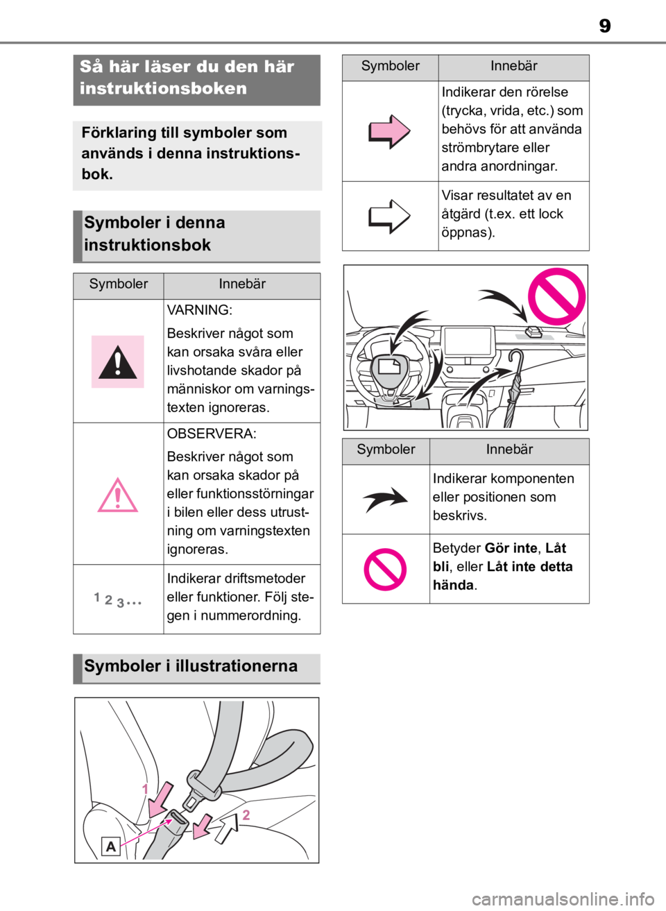 TOYOTA COROLLA HATCHBACK 2019 Bruksanvisningar (in Swedish) 9
OM12L25SE
Så här läser du den här
instruktionsboken
Förklaring till symboler som
används i denna instruktions-
bok.
Symboler i denna
instruktionsbok
SymbolerInnebär
VARNING:
Beskriver någ TOYOTA COROLLA HATCHBACK 2019 Bruksanvisningar (in Swedish) 9
OM12L25SE
Så här läser du den här
instruktionsboken
Förklaring till symboler som
används i denna instruktions-
bok.
Symboler i denna
instruktionsbok
SymbolerInnebär
VARNING:
Beskriver någ