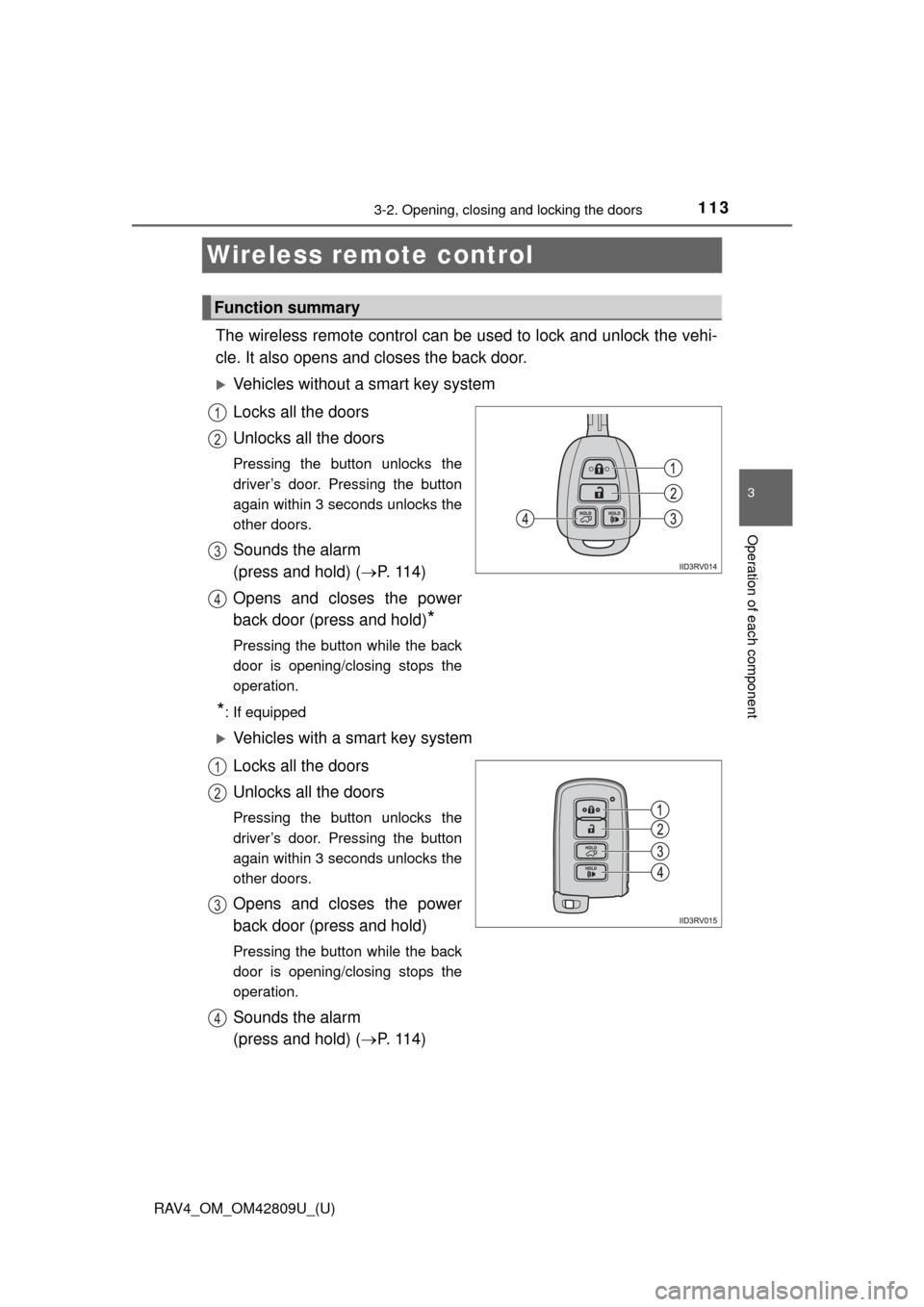 TOYOTA RAV4 2013 XA40 / 4.G Owners Manual 113
RAV4_OM_OM42809U_(U)
3-2. Opening, closing and locking the doors
3
Operation of each component
Wireless remote control
The wireless remote control can be used to lock and unlock the vehi-
cle. It 