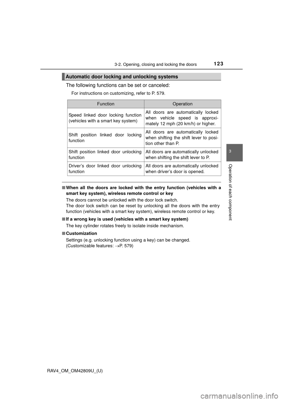 TOYOTA RAV4 2013 XA40 / 4.G Owners Manual RAV4_OM_OM42809U_(U)
1233-2. Opening, closing and locking the doors
3
Operation of each component
The following functions can be set or canceled:
For instructions on customizing, refer to P. 579.
■W TOYOTA RAV4 2013 XA40 / 4.G Owners Manual RAV4_OM_OM42809U_(U)
1233-2. Opening, closing and locking the doors
3
Operation of each component
The following functions can be set or canceled:
For instructions on customizing, refer to P. 579.
■W