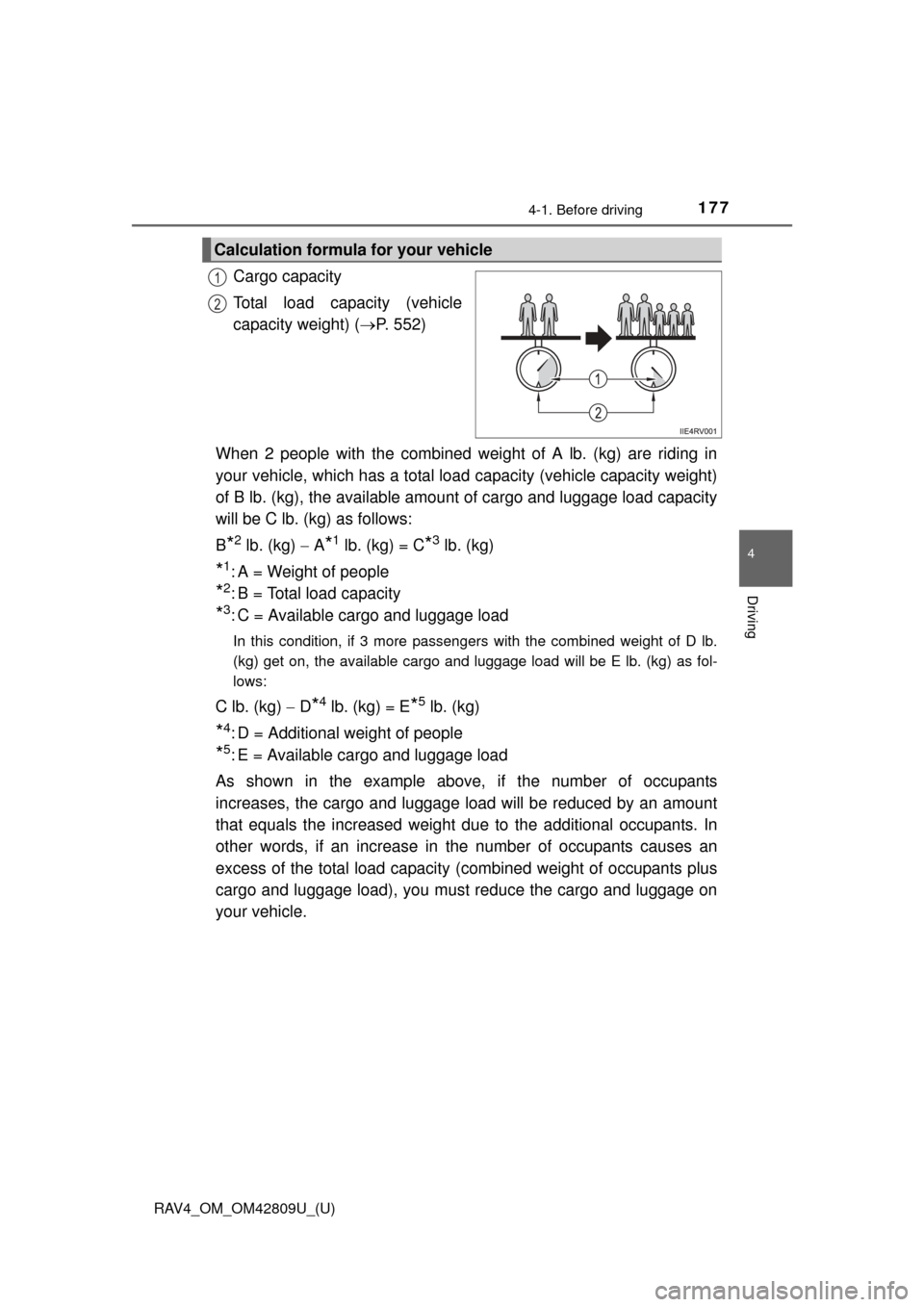 TOYOTA RAV4 2013 XA40 / 4.G Owners Manual RAV4_OM_OM42809U_(U)
1774-1. Before driving
4
Driving
Cargo capacity
Total load capacity (vehicle
capacity weight) (P. 552)
When 2 people with the combined weight of A lb. (kg) are riding in
your v