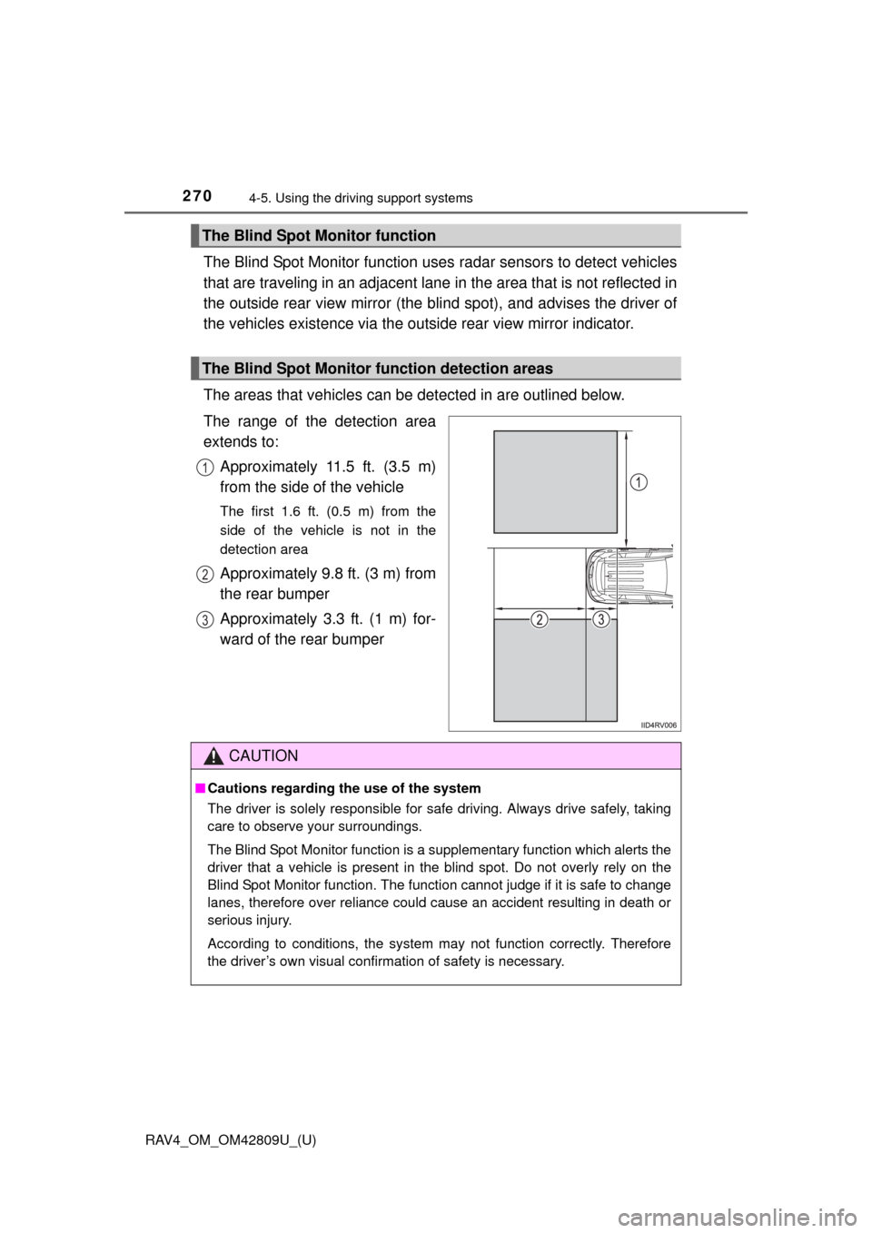 TOYOTA RAV4 2013 XA40 / 4.G Owners Manual 270
RAV4_OM_OM42809U_(U)
4-5. Using the driving support systems
The Blind Spot Monitor function uses  radar sensors to detect vehicles
that are traveling in an adjacent lane  in the area that is not r