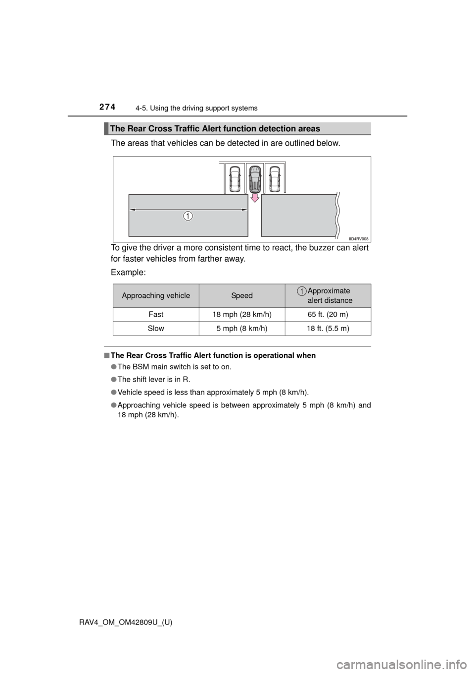 TOYOTA RAV4 2013 XA40 / 4.G Owners Manual 274
RAV4_OM_OM42809U_(U)
4-5. Using the driving support systems
The areas that vehicles can be  detected in are outlined below.
To give the driver a more consistent time to react, the buzzer can alert