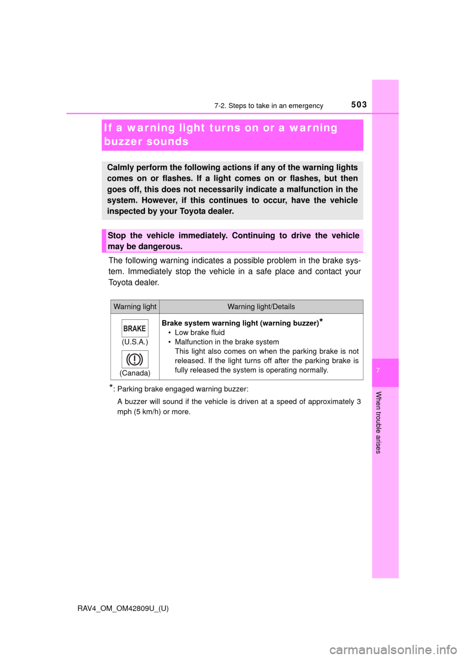 TOYOTA RAV4 2013 XA40 / 4.G Owners Manual 503
RAV4_OM_OM42809U_(U)
7
When trouble arises
7-2. Steps to take in an emergency
If a warning light turns on or a warning 
buzzer sounds
The following warning indicates a possible problem in the brak