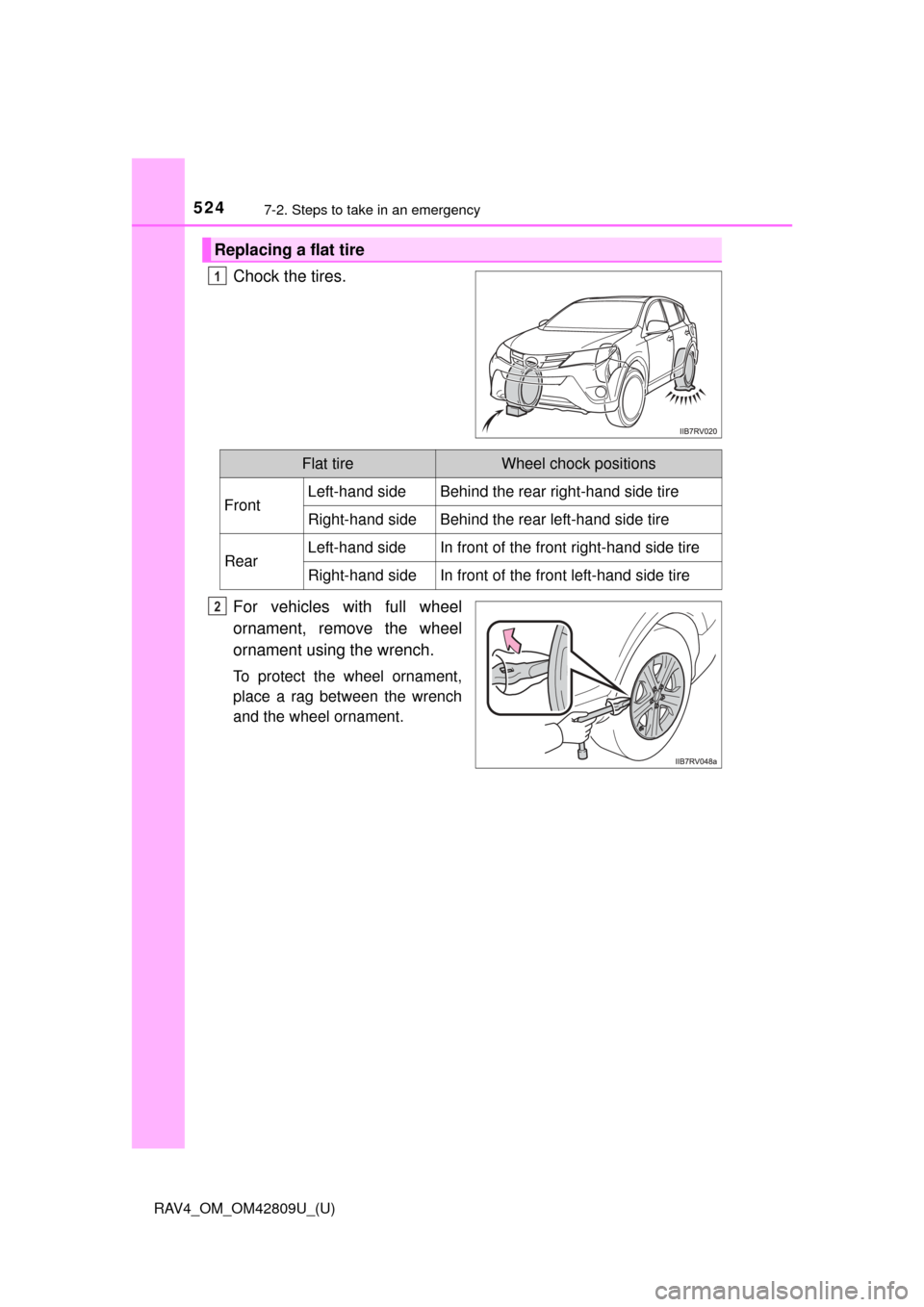 TOYOTA RAV4 2013 XA40 / 4.G Owners Manual 5247-2. Steps to take in an emergency
RAV4_OM_OM42809U_(U)
Chock the tires.
For vehicles with full wheel
ornament, remove the wheel
ornament using the wrench.
To protect the wheel ornament,
place a ra