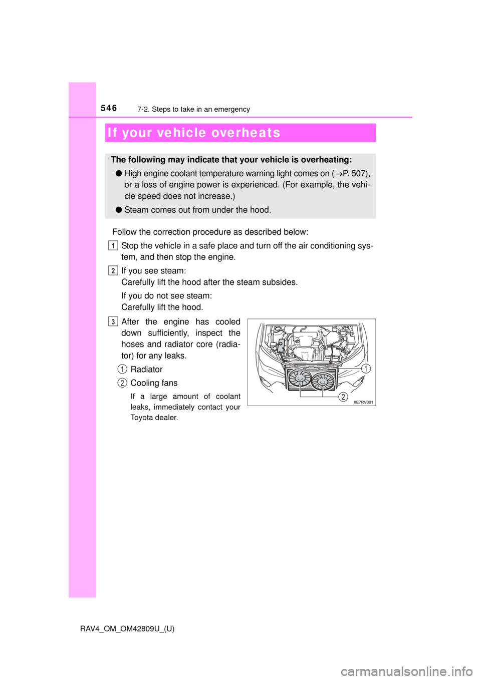 TOYOTA RAV4 2013 XA40 / 4.G Owners Manual 546
RAV4_OM_OM42809U_(U)
7-2. Steps to take in an emergency
If your vehicle overheats
Follow the correction procedure as described below:Stop the vehicle in a safe place and turn off the air condition TOYOTA RAV4 2013 XA40 / 4.G Owners Manual 546
RAV4_OM_OM42809U_(U)
7-2. Steps to take in an emergency
If your vehicle overheats
Follow the correction procedure as described below:Stop the vehicle in a safe place and turn off the air condition