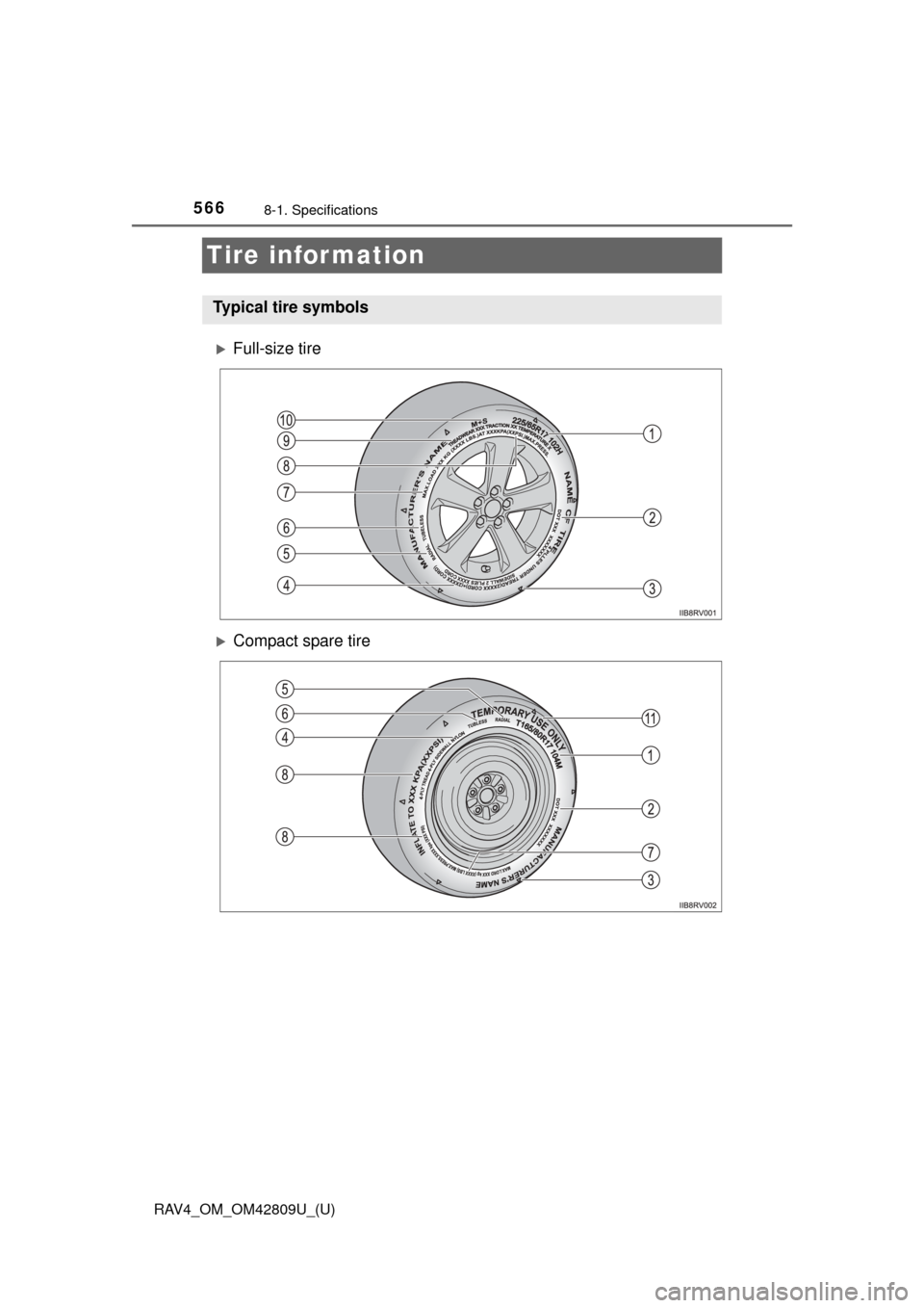 TOYOTA RAV4 2013 XA40 / 4.G Owners Manual 566
RAV4_OM_OM42809U_(U)
8-1. Specifications
Tire infor mation
Full-size tire
Compact spare tire
Typical tire symbols 
