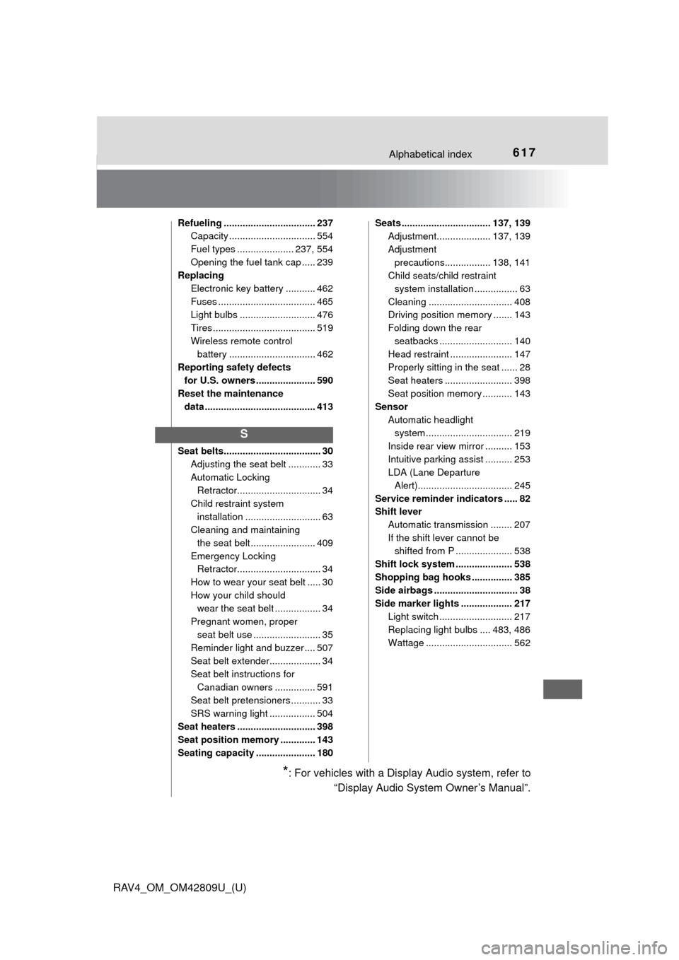 TOYOTA RAV4 2013 XA40 / 4.G Owners Manual 617Alphabetical index
RAV4_OM_OM42809U_(U)
Refueling .................................. 237Capacity ................................ 554
Fuel types ..................... 237, 554
Opening the fuel tank