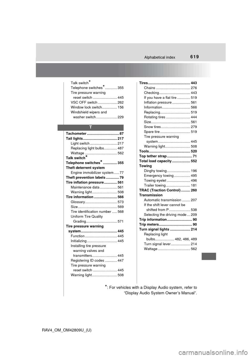 TOYOTA RAV4 2013 XA40 / 4.G Owners Manual 619Alphabetical index
RAV4_OM_OM42809U_(U)
Talk switch*
Telephone switches*............ 355
Tire pressure warning  reset switch ........................ 445
VSC OFF switch ................... 262
Wind