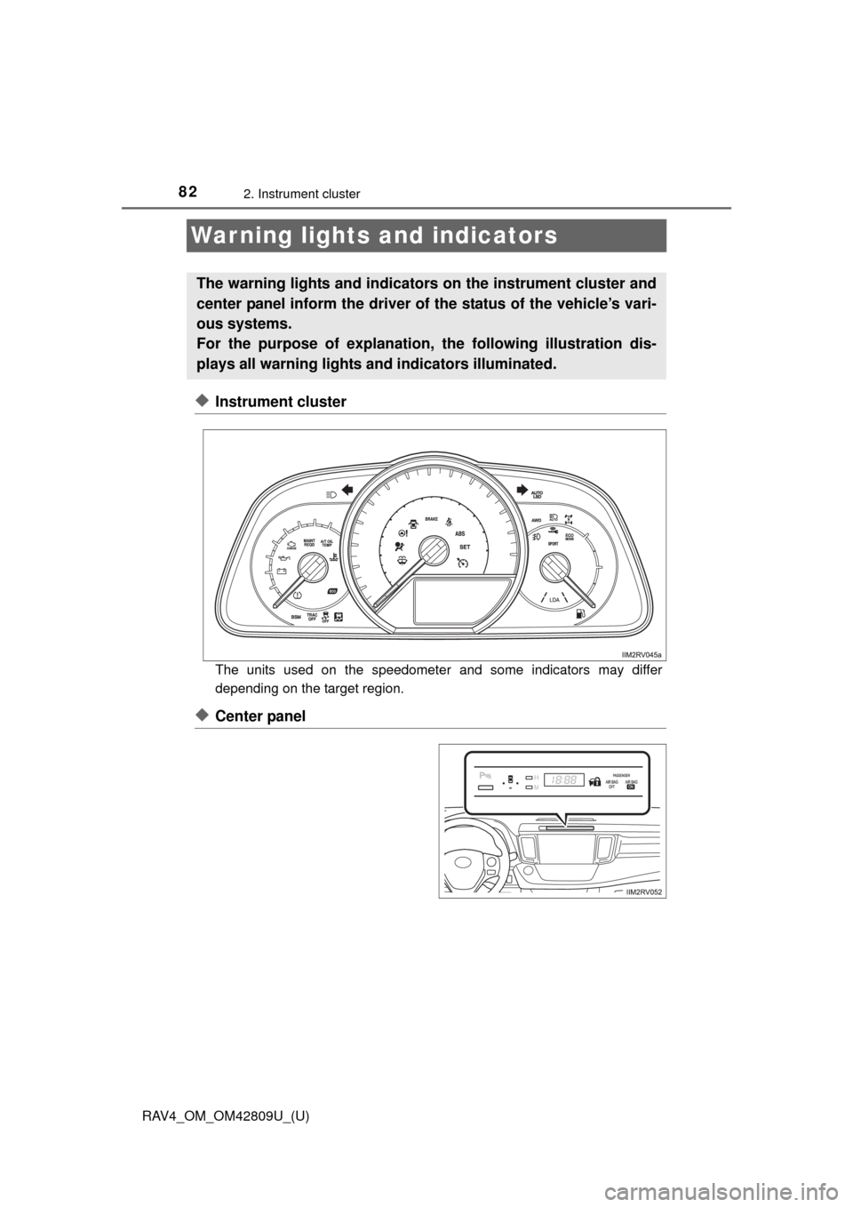 TOYOTA RAV4 2013 XA40 / 4.G Manual Online 82
RAV4_OM_OM42809U_(U)
2. Instrument cluster
War ning lights and indicators
◆Instrument cluster
The units used on the speedometer and some indicators may differ
depending on the target region.
◆C TOYOTA RAV4 2013 XA40 / 4.G Manual Online 82
RAV4_OM_OM42809U_(U)
2. Instrument cluster
War ning lights and indicators
◆Instrument cluster
The units used on the speedometer and some indicators may differ
depending on the target region.
◆C