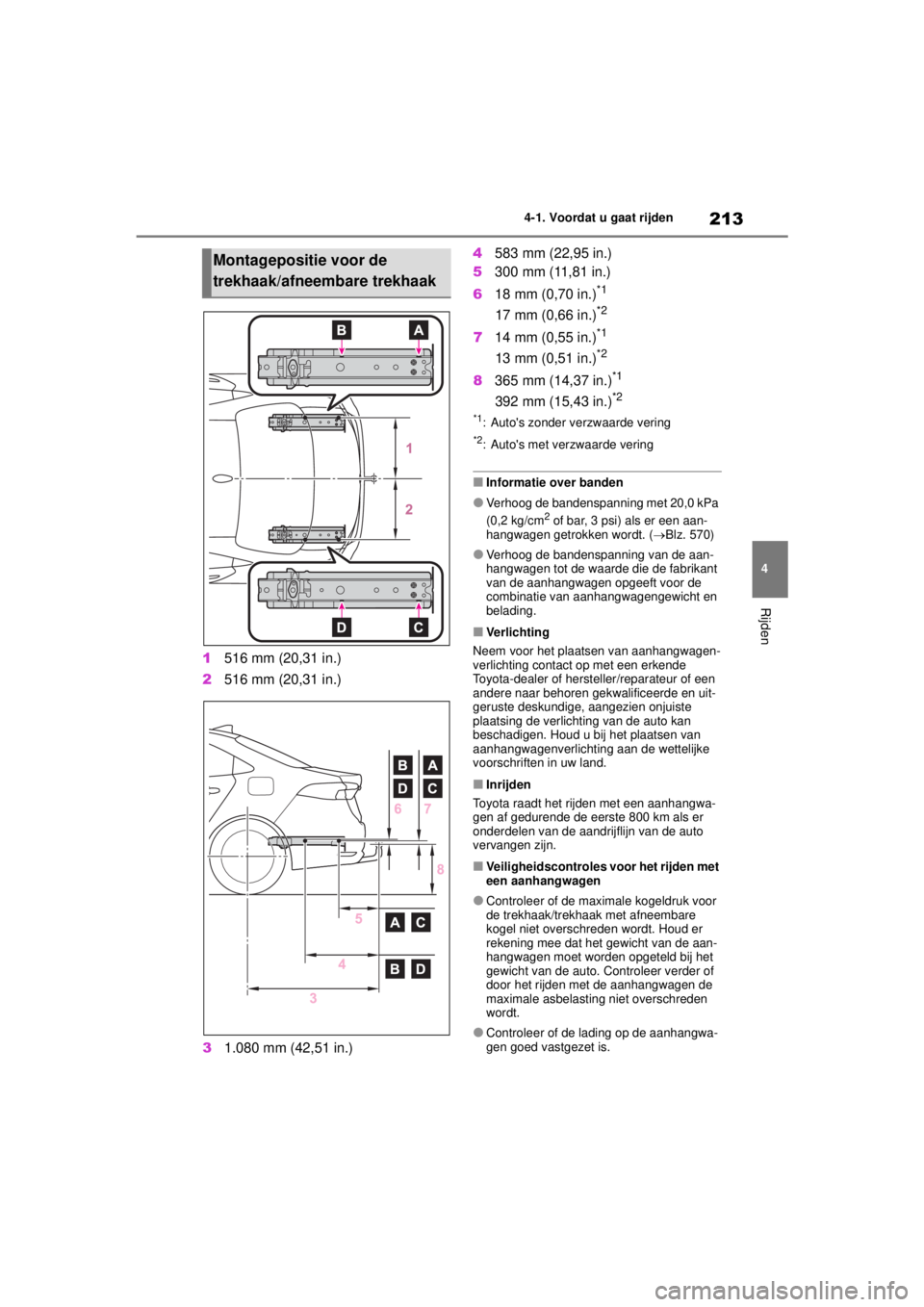 TOYOTA COROLLA HYBRID 2021 Instructieboekje (in Dutch) 213
4
4-1. Voordat u gaat rijden
Rijden
COROLLA HV_TMMT_EE
1
516 mm (20,31 in.)
2 516 mm (20,31 in.)
3 1.080 mm (42,51 in.) 4
583 mm (22,95 in.)
5 300 mm (11,81 in.)
6 18 mm (0,70 in.)
*1
17 mm (0,66 TOYOTA COROLLA HYBRID 2021 Instructieboekje (in Dutch) 213
4
4-1. Voordat u gaat rijden
Rijden
COROLLA HV_TMMT_EE
1
516 mm (20,31 in.)
2 516 mm (20,31 in.)
3 1.080 mm (42,51 in.) 4
583 mm (22,95 in.)
5 300 mm (11,81 in.)
6 18 mm (0,70 in.)
*1
17 mm (0,66