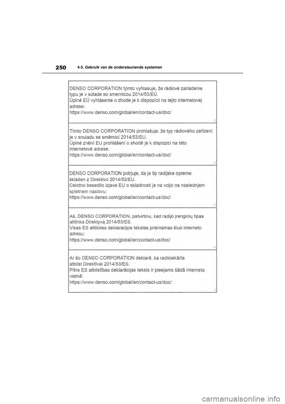 TOYOTA COROLLA HYBRID 2021 Instructieboekje (in Dutch) 2504-5. Gebruik van de ondersteunende systemen
COROLLA HV_TMMT_EE
COROLLA-HYBRID(TMMT)_OM_Europe_OM12P19E.book Page 250 Tuesday, August 25, 2020 9:11 AM TOYOTA COROLLA HYBRID 2021 Instructieboekje (in Dutch) 2504-5. Gebruik van de ondersteunende systemen
COROLLA HV_TMMT_EE
COROLLA-HYBRID(TMMT)_OM_Europe_OM12P19E.book Page 250 Tuesday, August 25, 2020 9:11 AM