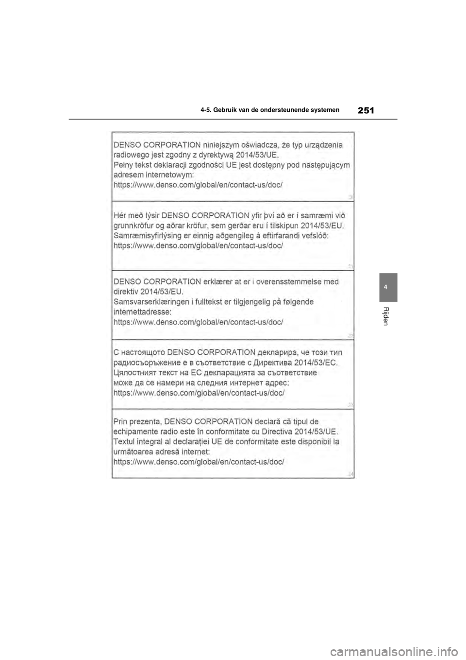 TOYOTA COROLLA HYBRID 2021 Instructieboekje (in Dutch) 251
4
4-5. Gebruik van de ondersteunende systemen
Rijden
COROLLA HV_TMMT_EE
COROLLA-HYBRID(TMMT)_OM_Europe_OM12P19E.book
Page 251 Tuesday, August 25, 2020 9:11 AM TOYOTA COROLLA HYBRID 2021 Instructieboekje (in Dutch) 251
4
4-5. Gebruik van de ondersteunende systemen
Rijden
COROLLA HV_TMMT_EE
COROLLA-HYBRID(TMMT)_OM_Europe_OM12P19E.book
Page 251 Tuesday, August 25, 2020 9:11 AM