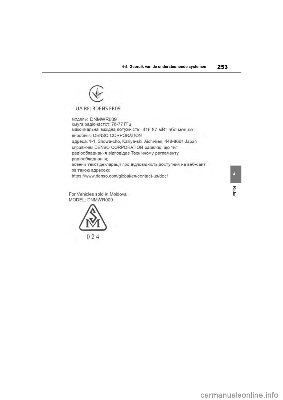 TOYOTA COROLLA HYBRID 2021 Instructieboekje (in Dutch) 253
4
4-5. Gebruik van de ondersteunende systemen
Rijden
COROLLA HV_TMMT_EE
COROLLA-HYBRID(TMMT)_OM_Europe_OM12P19E.book
Page 253 Tuesday, August 25, 2020 9:11 AM TOYOTA COROLLA HYBRID 2021 Instructieboekje (in Dutch) 253
4
4-5. Gebruik van de ondersteunende systemen
Rijden
COROLLA HV_TMMT_EE
COROLLA-HYBRID(TMMT)_OM_Europe_OM12P19E.book
Page 253 Tuesday, August 25, 2020 9:11 AM
