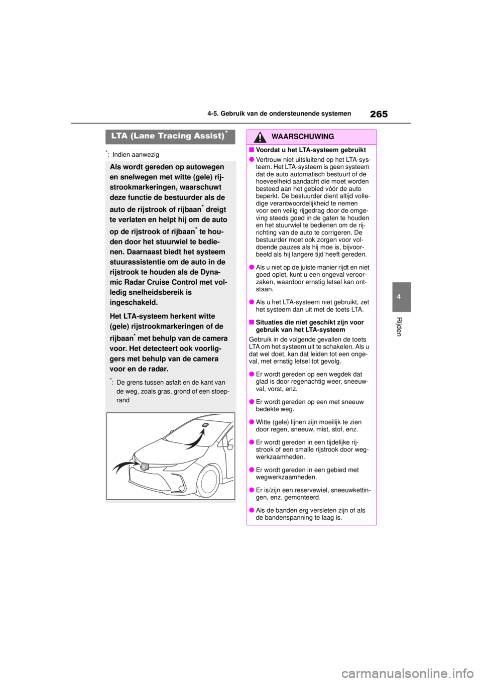 TOYOTA COROLLA HYBRID 2021 Instructieboekje (in Dutch) 265
4
4-5. Gebruik van de ondersteunende systemen
Rijden
COROLLA HV_TMMT_EE
*: Indien aanwezig
LTA (Lane Tracing Assist)*
Als wordt gereden op autowegen
en snelwegen met witte (gele) rij-
strookmarke TOYOTA COROLLA HYBRID 2021 Instructieboekje (in Dutch) 265
4
4-5. Gebruik van de ondersteunende systemen
Rijden
COROLLA HV_TMMT_EE
*: Indien aanwezig
LTA (Lane Tracing Assist)*
Als wordt gereden op autowegen
en snelwegen met witte (gele) rij-
strookmarke