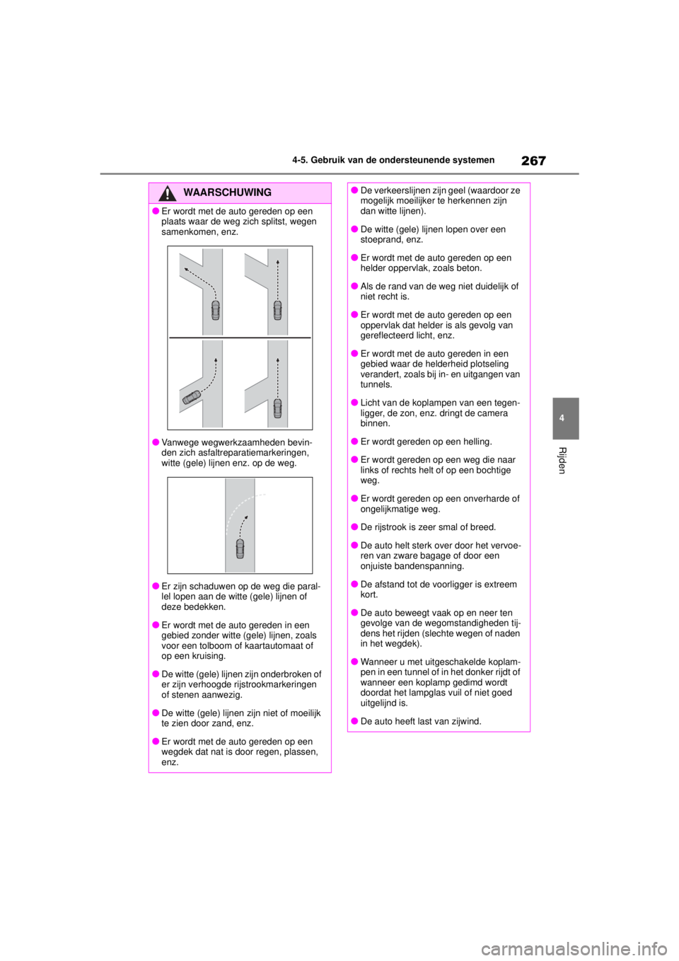 TOYOTA COROLLA HYBRID 2021 Instructieboekje (in Dutch) 267
4
4-5. Gebruik van de ondersteunende systemen
Rijden
COROLLA HV_TMMT_EE
WAARSCHUWING
●Er wordt met de auto gereden op een
plaats waar de weg zich splitst, wegen
samenkomen, enz.
●Vanwege weg TOYOTA COROLLA HYBRID 2021 Instructieboekje (in Dutch) 267
4
4-5. Gebruik van de ondersteunende systemen
Rijden
COROLLA HV_TMMT_EE
WAARSCHUWING
●Er wordt met de auto gereden op een
plaats waar de weg zich splitst, wegen
samenkomen, enz.
●Vanwege weg